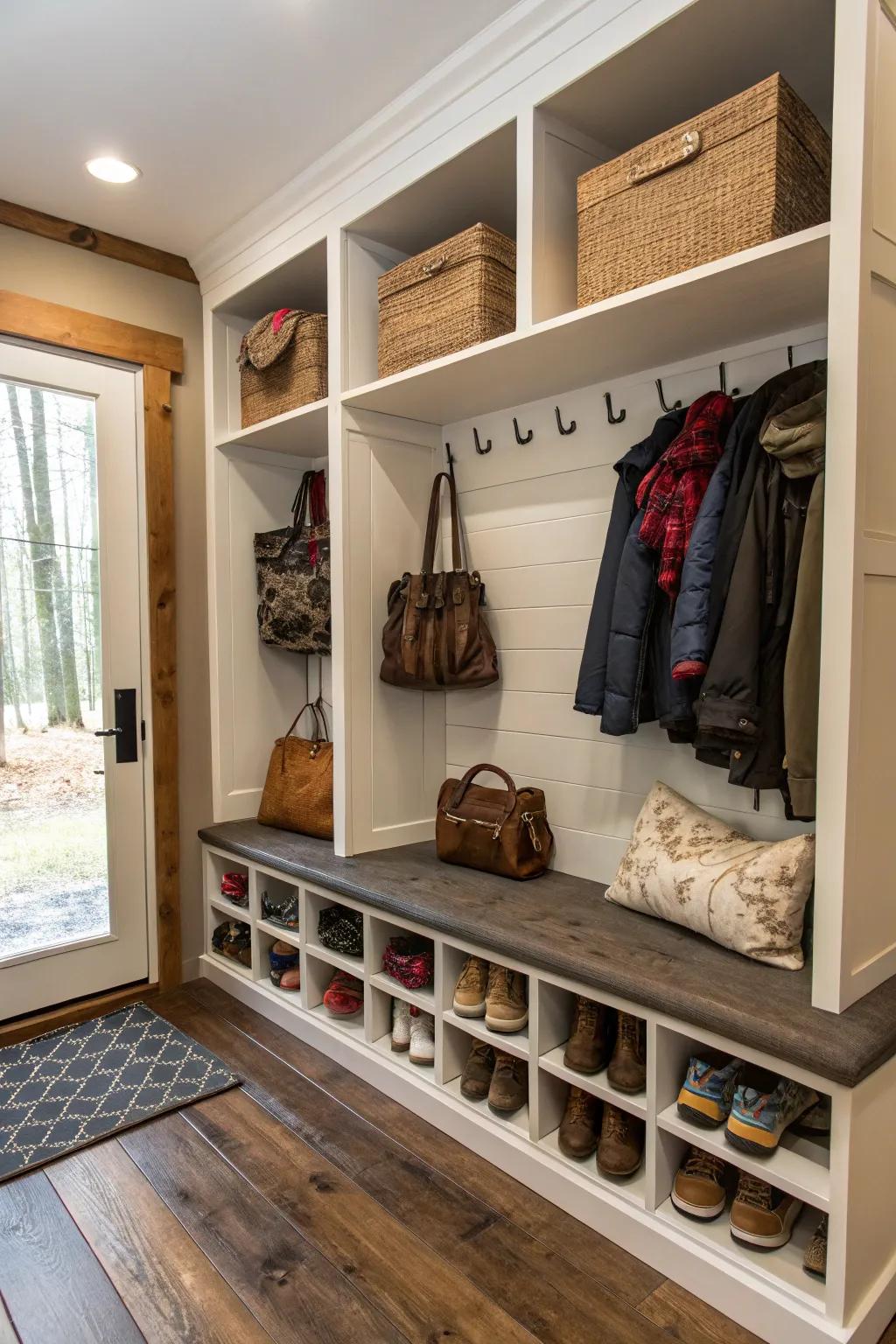 A mudroom bench with organized cubbies for shoes and bags.