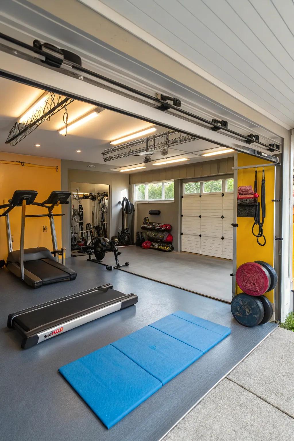 A garage converted into a home gym with exercise equipment.