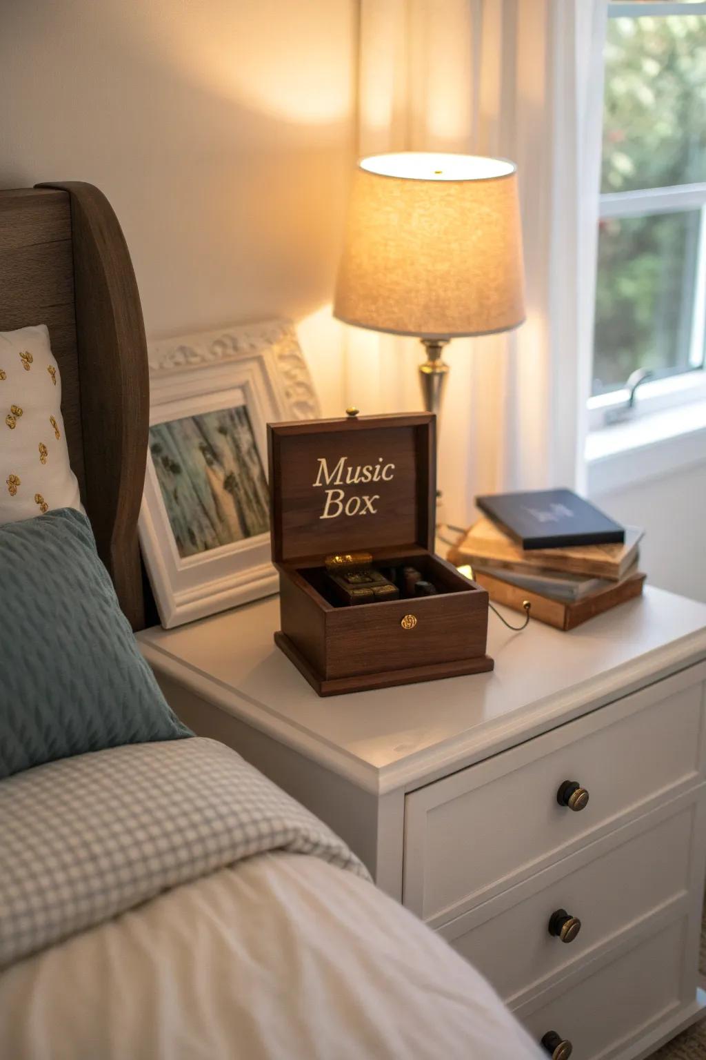 A personalized melody chest introduces a personal element to any bedroom design.