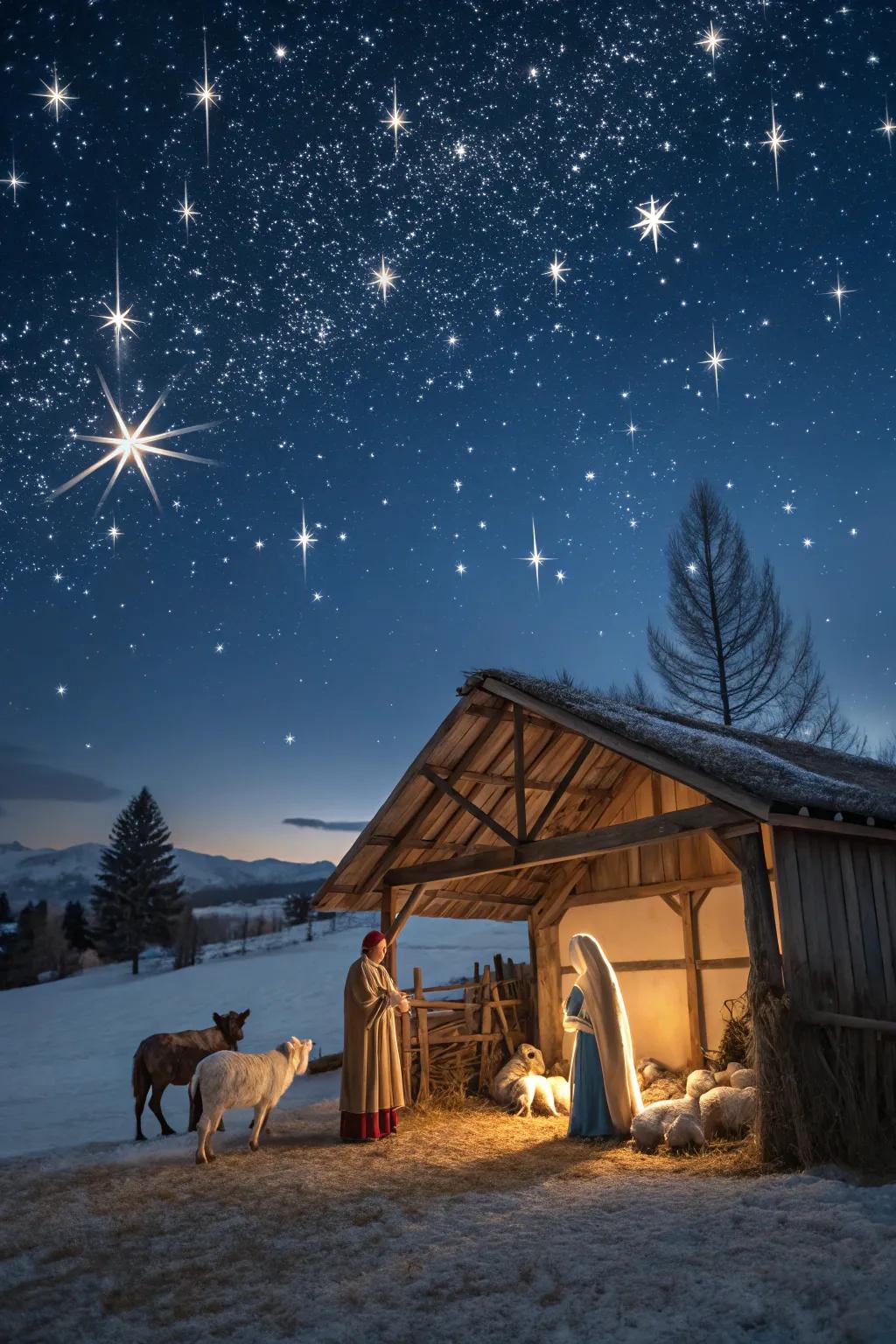 A starry night sky sets the perfect backdrop for your nativity scene.