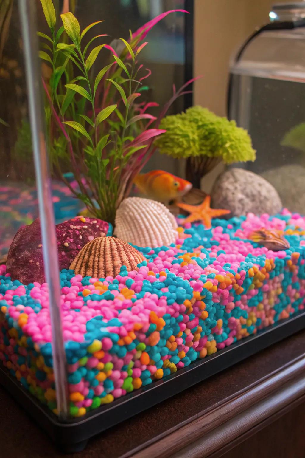 Bright neon gravel creates a lively base in this colorful fish tank.