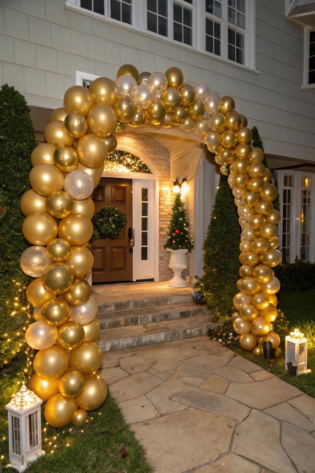 A golden balloon archway invites guests into a glamorous New Year's Eve celebration.