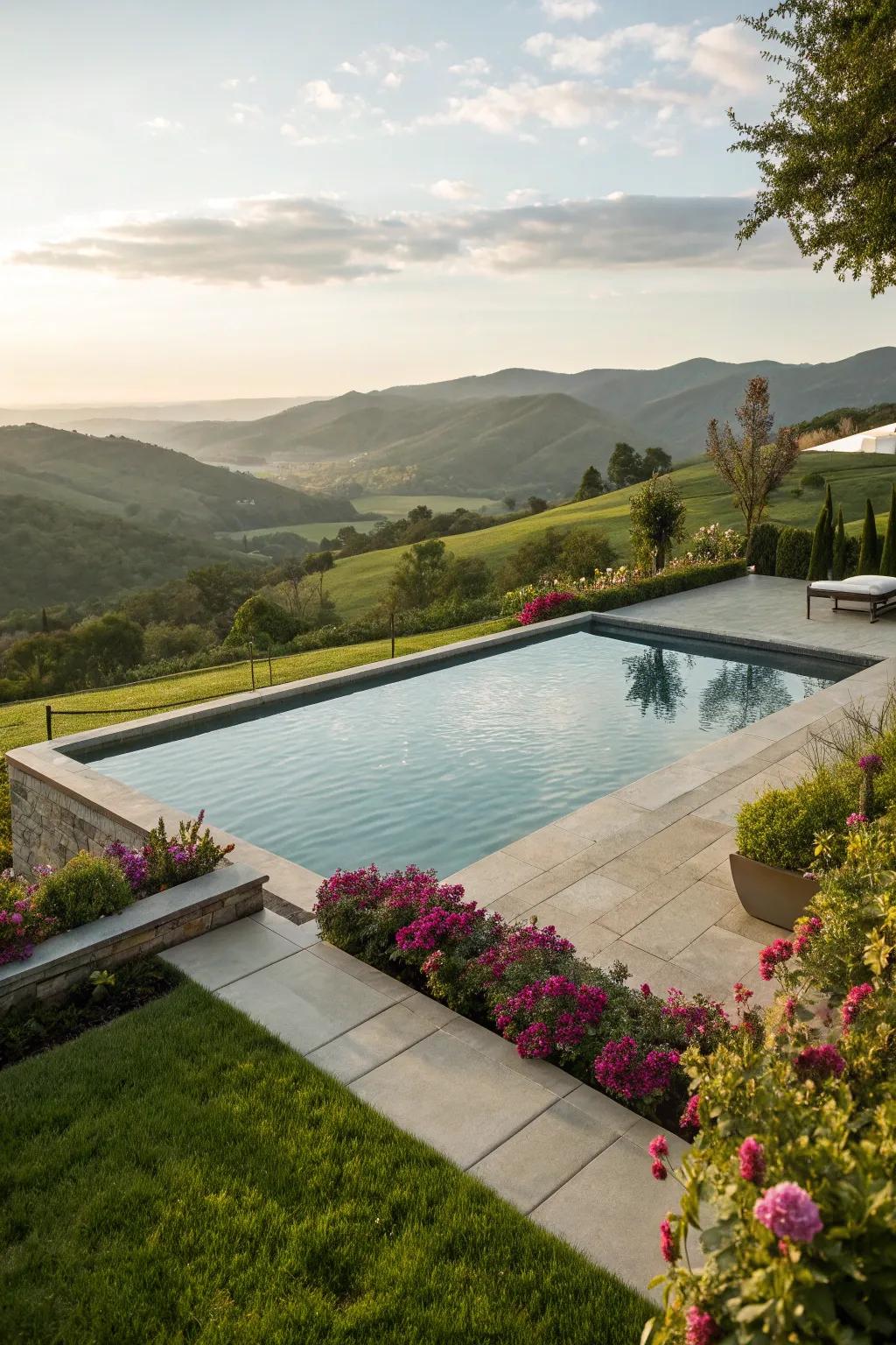 A borderless pool offering breathtaking scenery, creating an illusion of endless water stretching into the landscape.