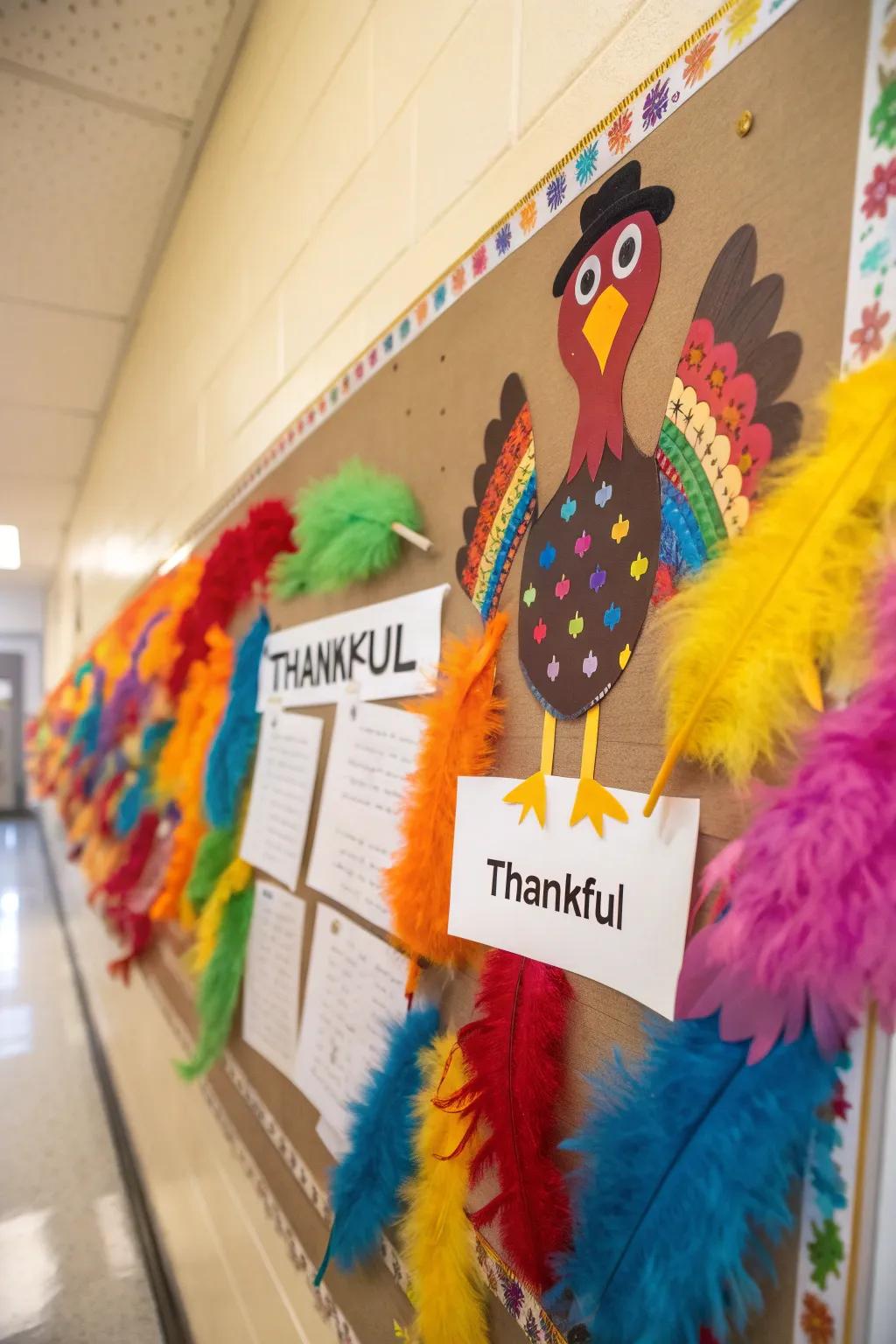 A turkey bulletin board filled with messages of gratitude.