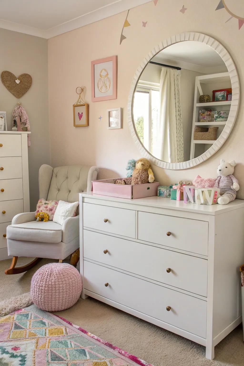 A round mirror elegantly positioned over a white dresser in a pastel-themed nursery.