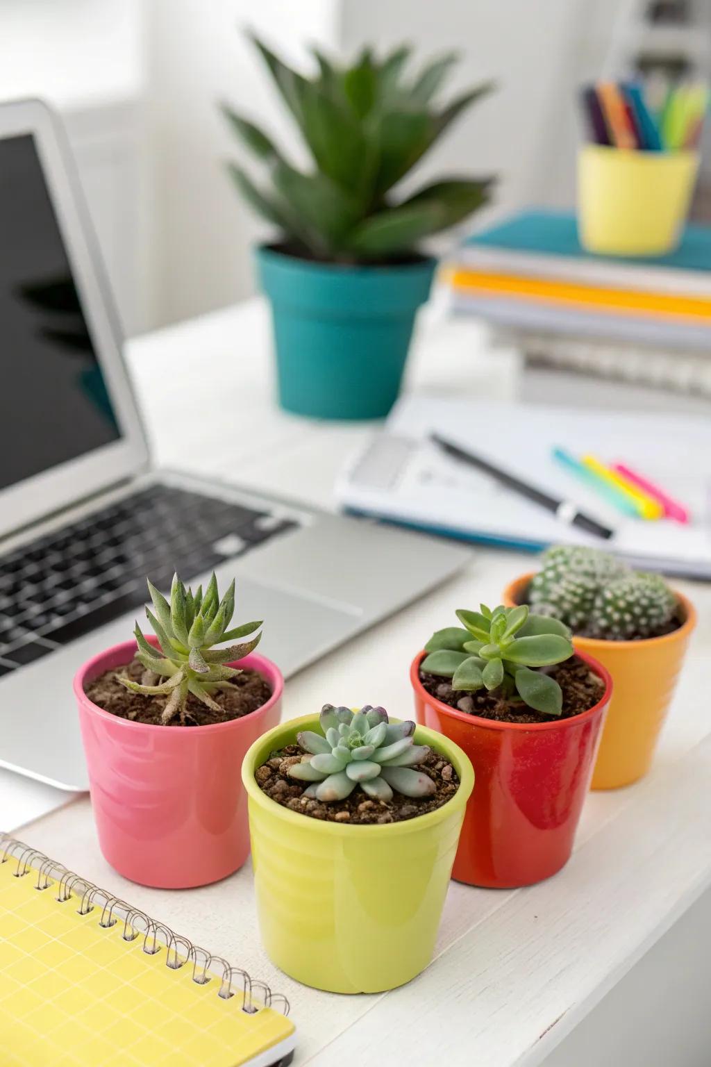 Enliven your desk with a tiny garden of succulents.