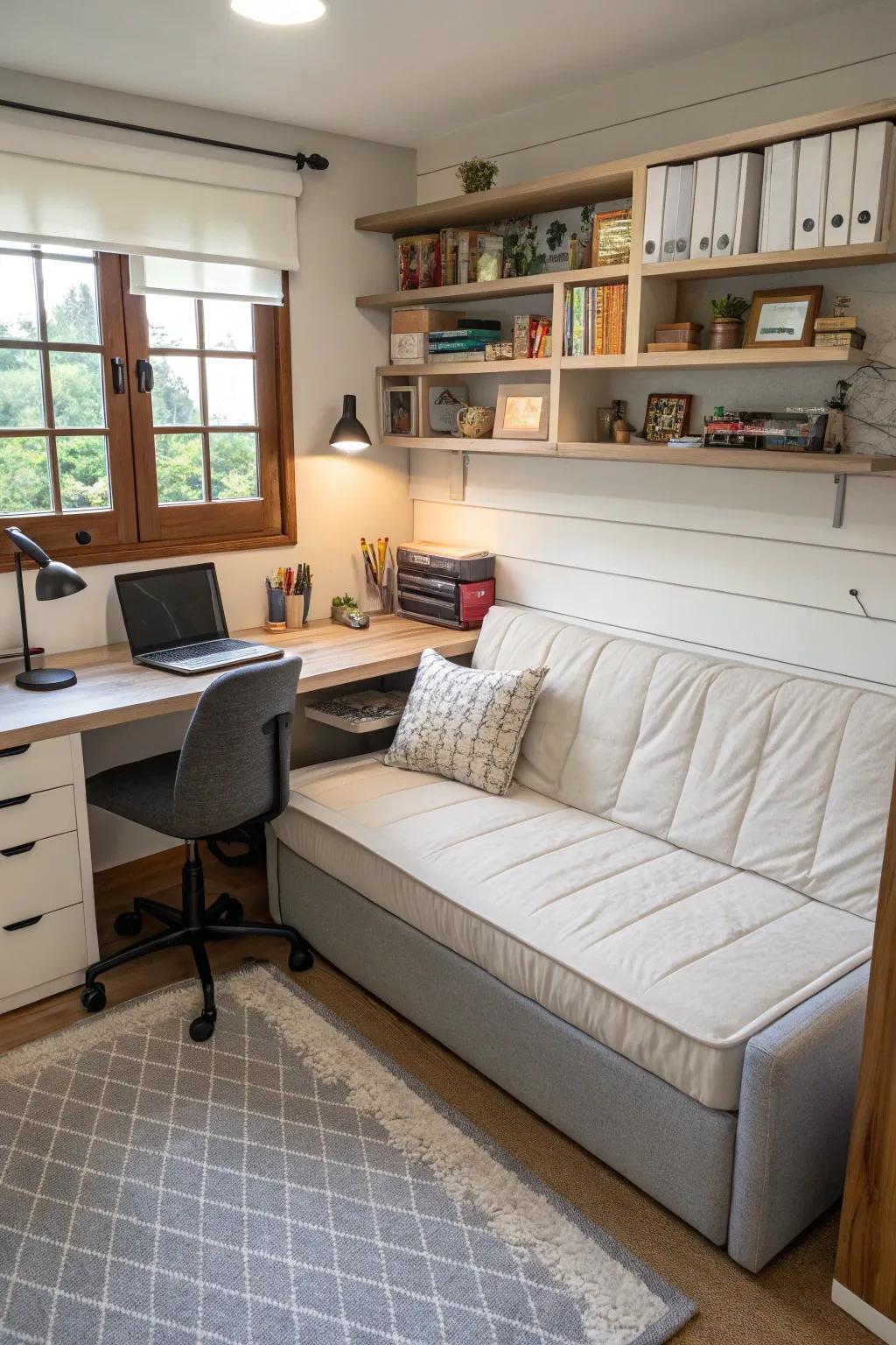 A versatile home office showcasing a convertible couch.