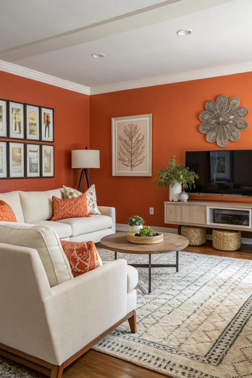 A striking orange accent wall adds character to this modern living room.