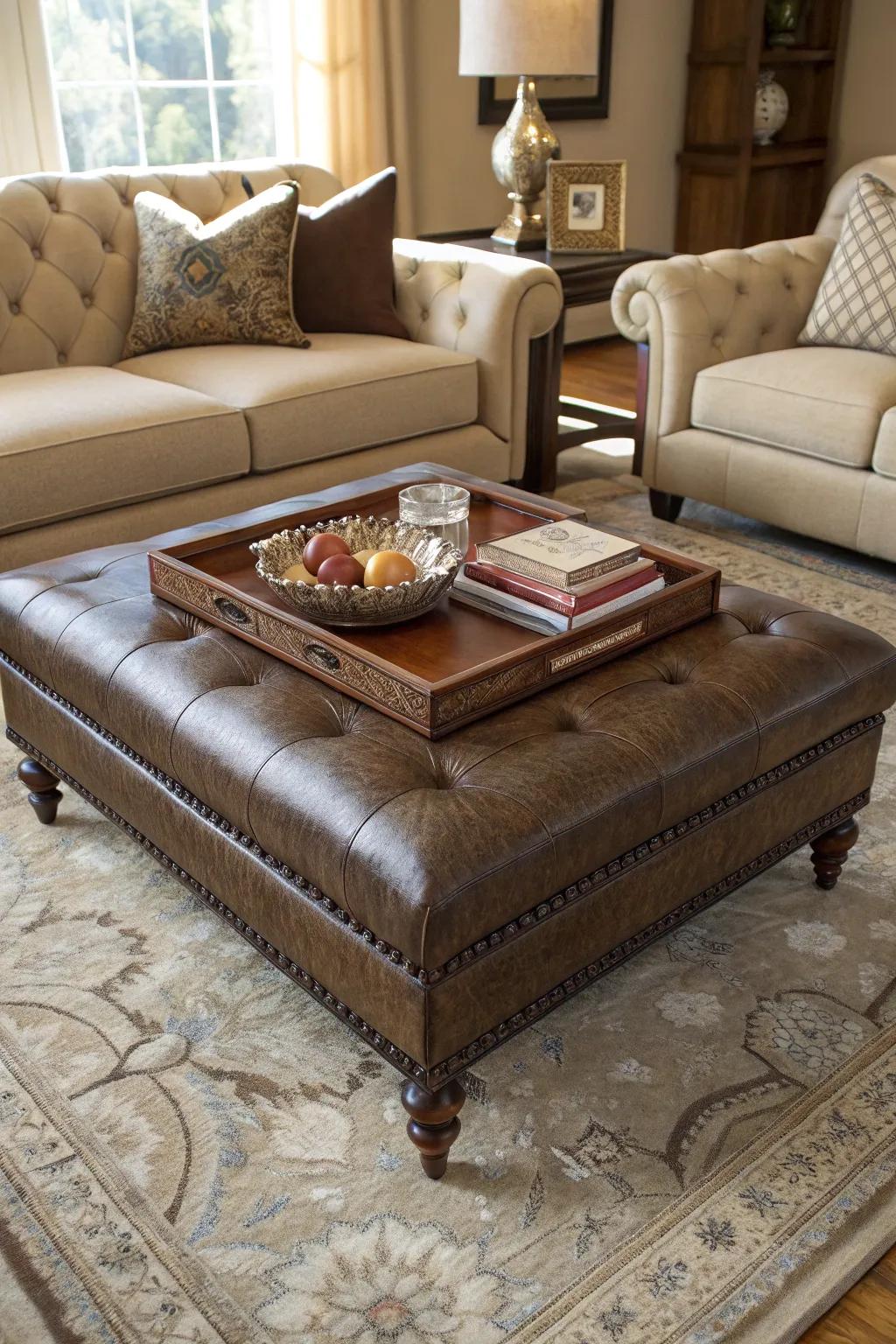 Ottoman serving as a cozy coffee table centerpiece