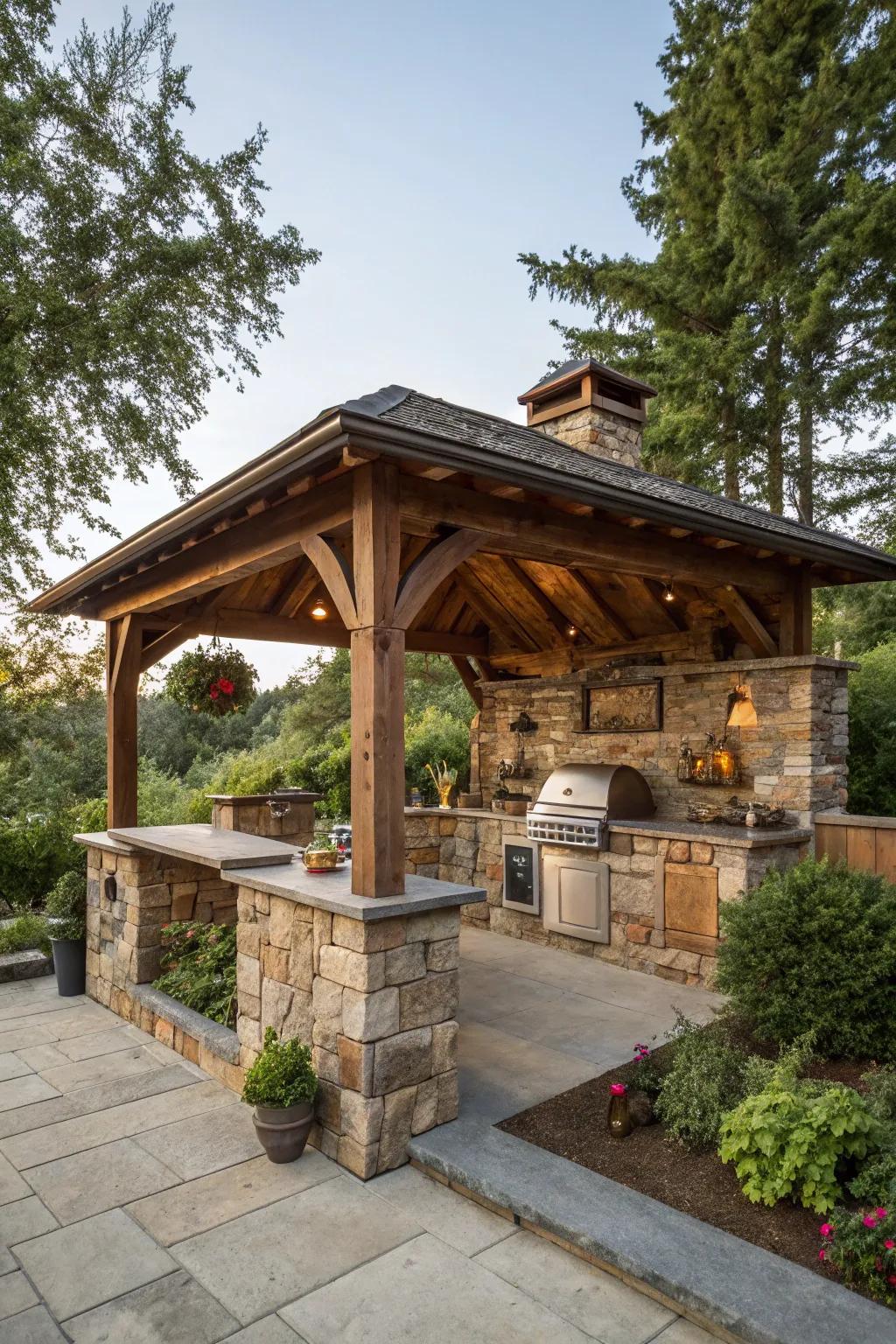 Embrace rustic charm with a wood and stone outdoor kitchen gazebo.