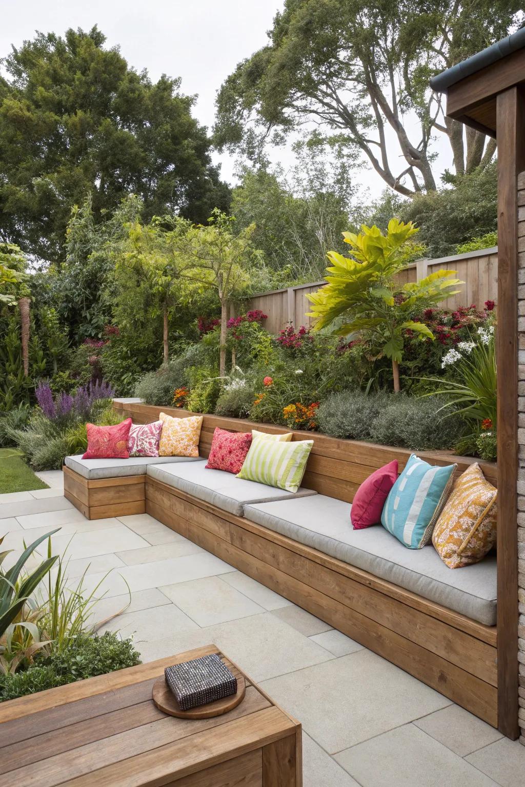 Built-in benches blend seamlessly with the environment and offer a cozy seating solution.