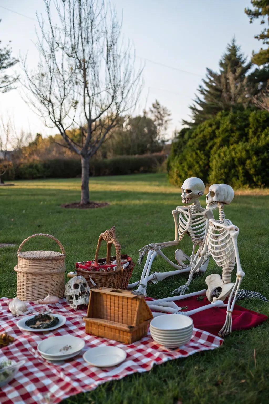 Skeletons enjoying a playful picnic in the yard.