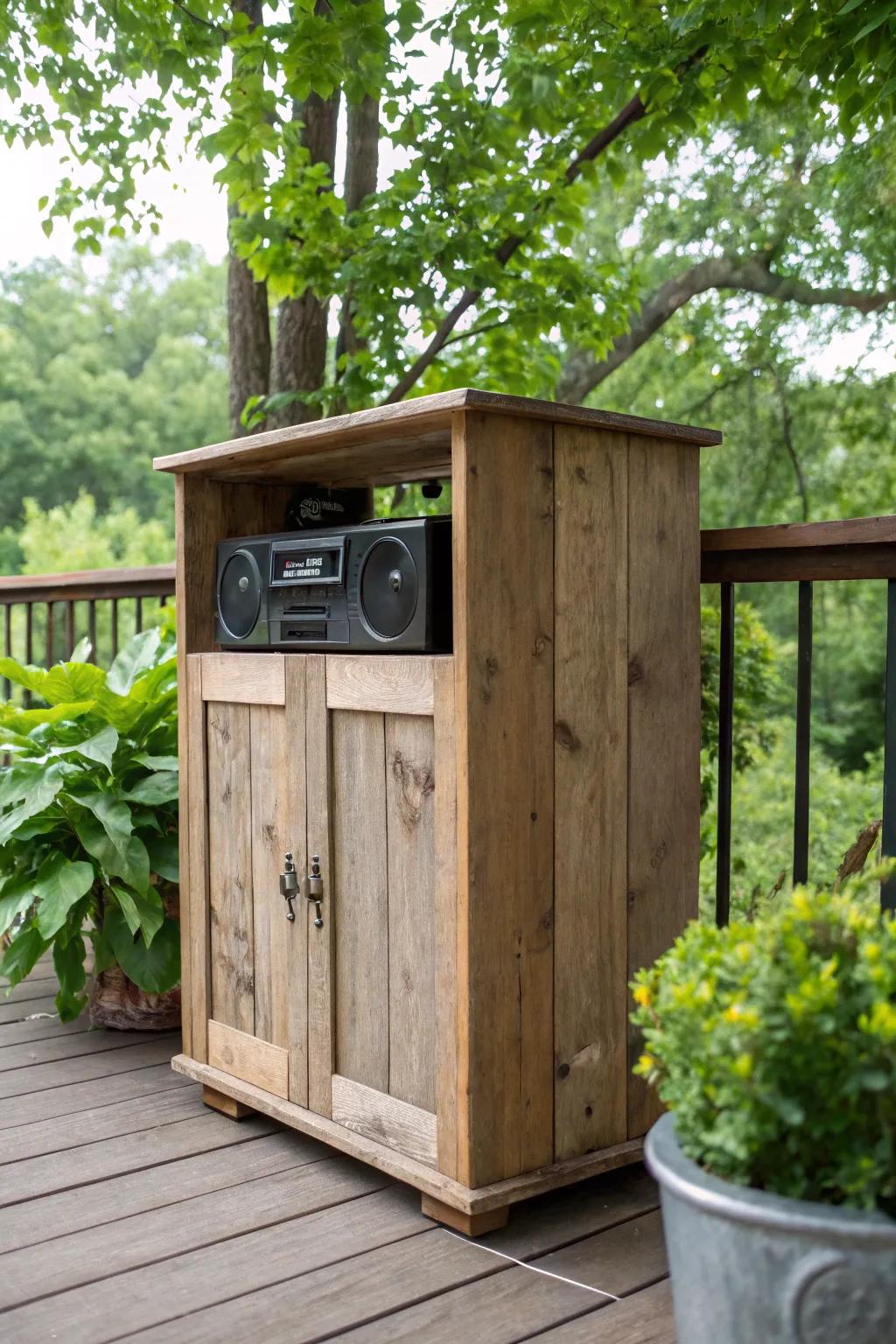 A weatherproof wooden cabinet seamlessly integrates with outdoor spaces.