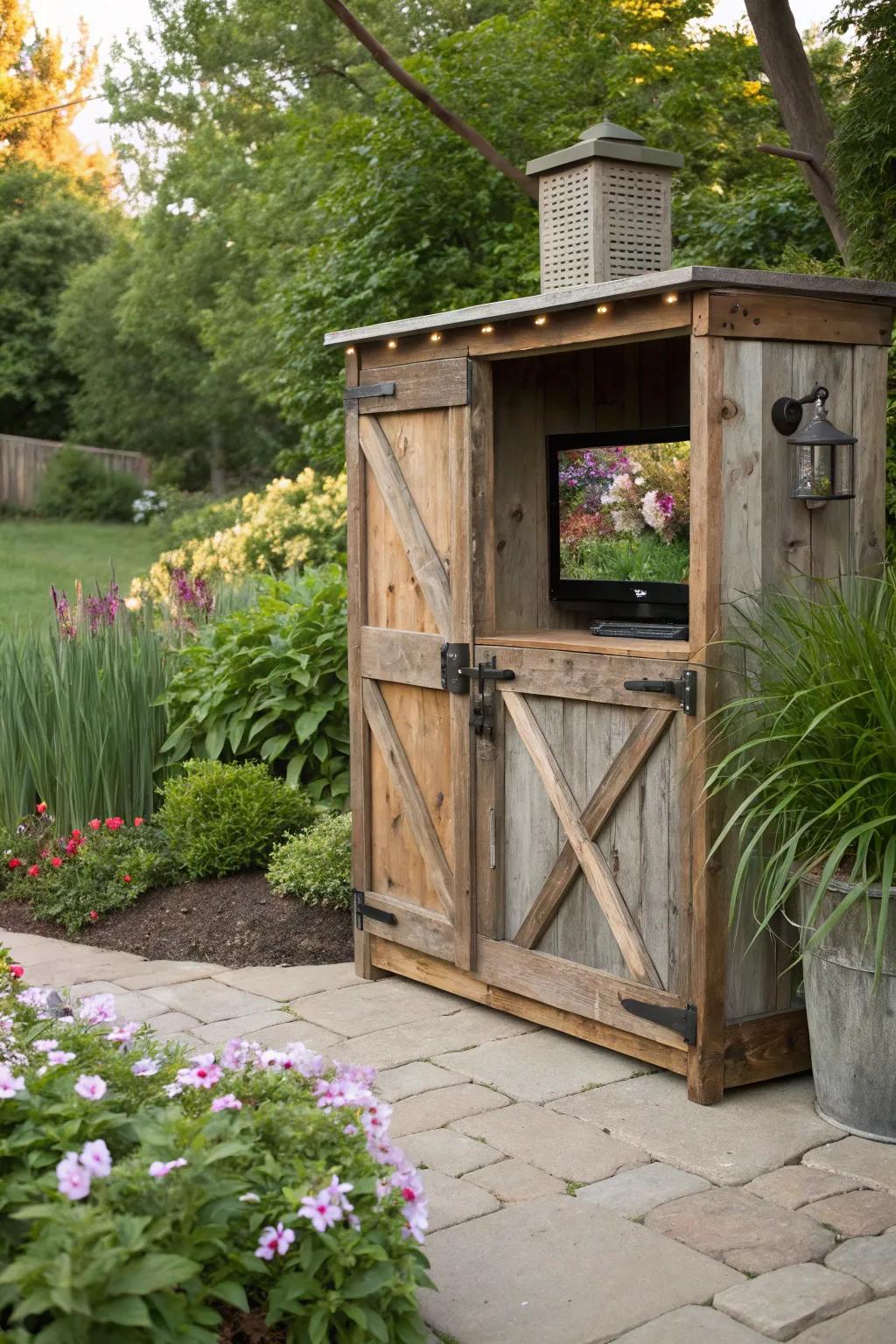 A rustic wooden TV enclosure adds charm to any garden.