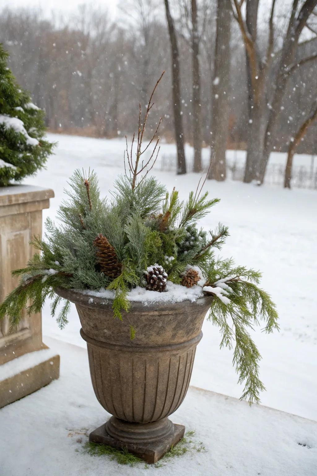 Evergreens bring timeless elegance to winter planters.