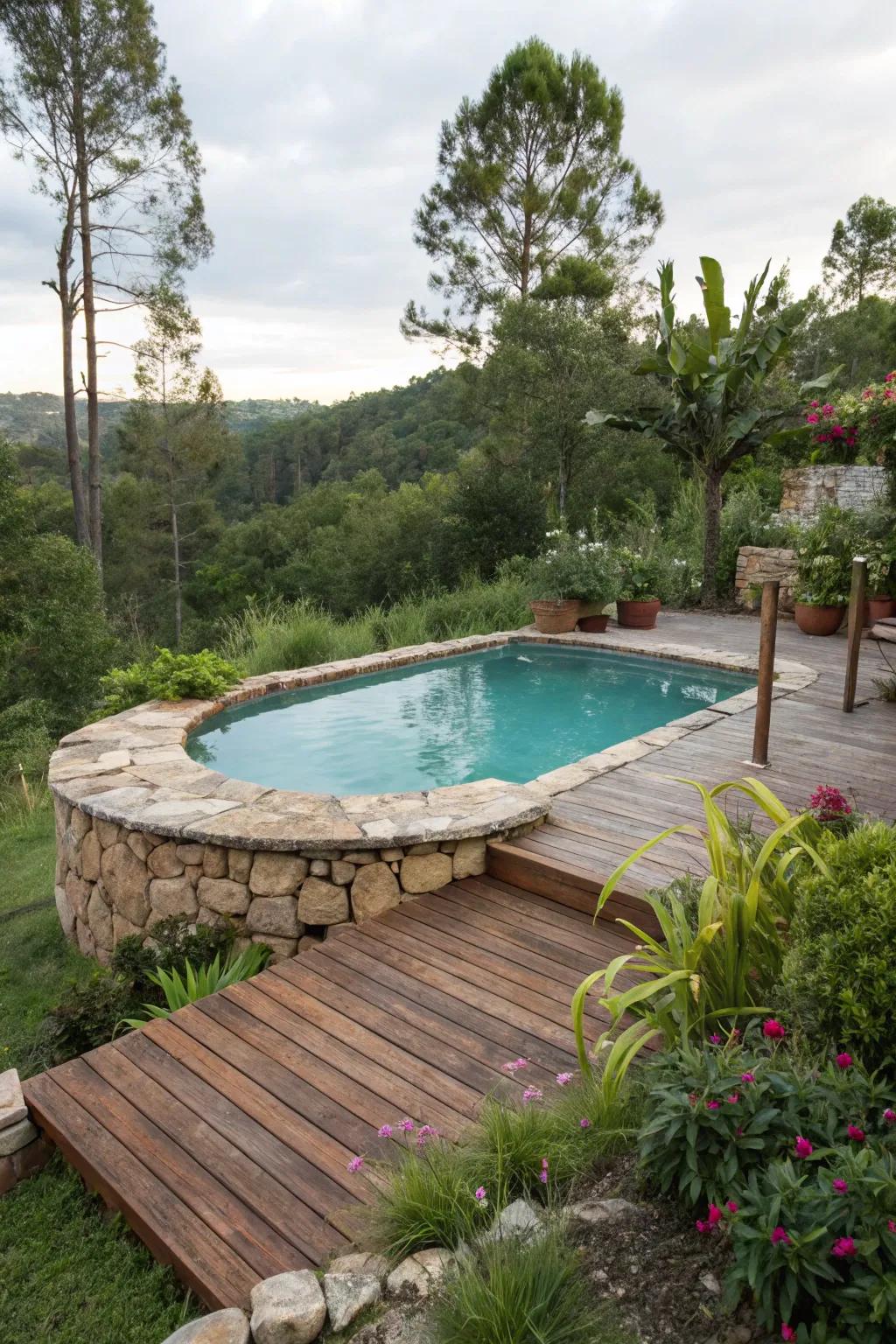An earthy timber deck feels right at home with the natural beauty of this above-ground pool setting.