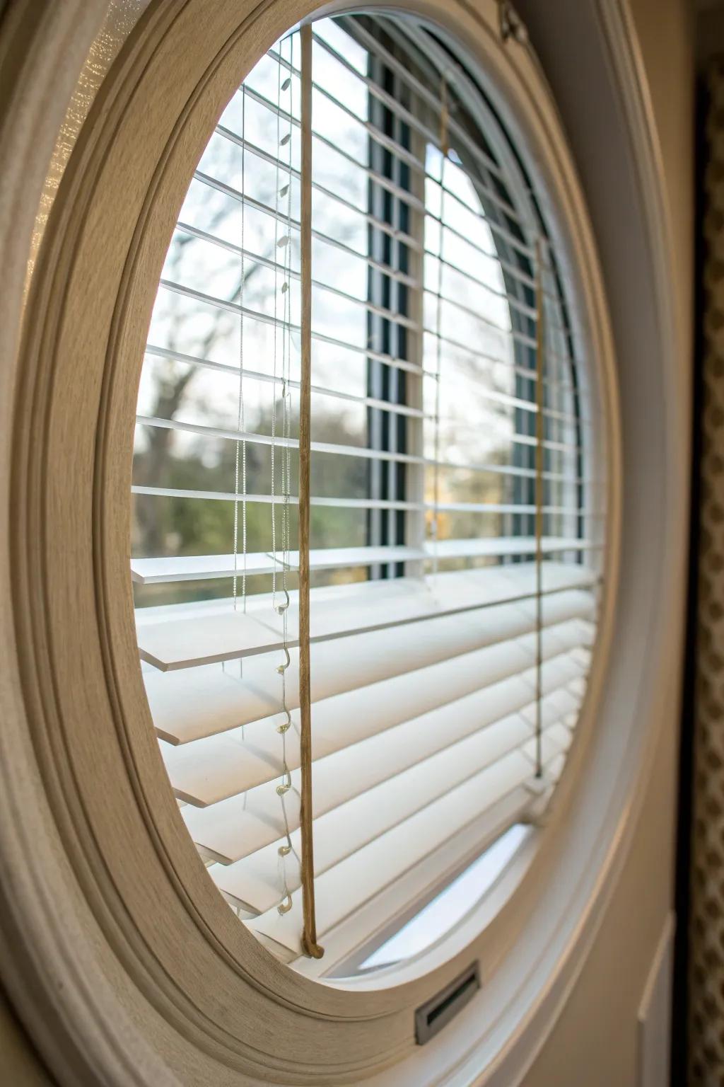 Custom fit blinds transform oval windows into elegant focal points.