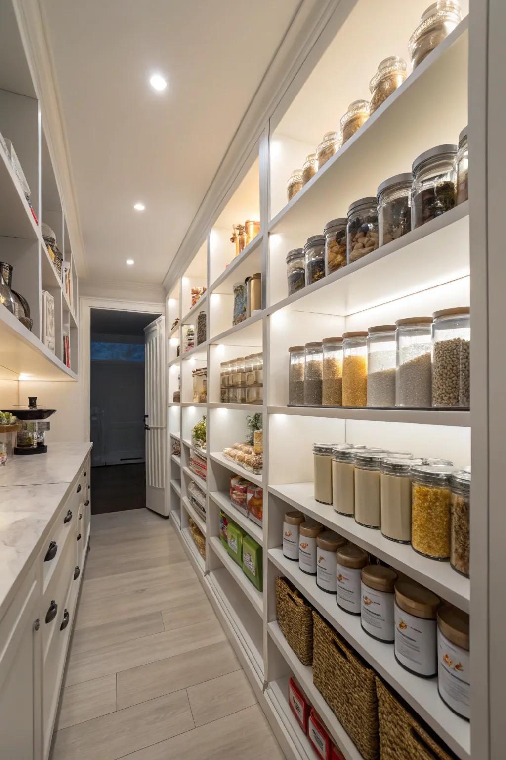 A spacious walk-in pantry with smart shelving and elegant lighting.
