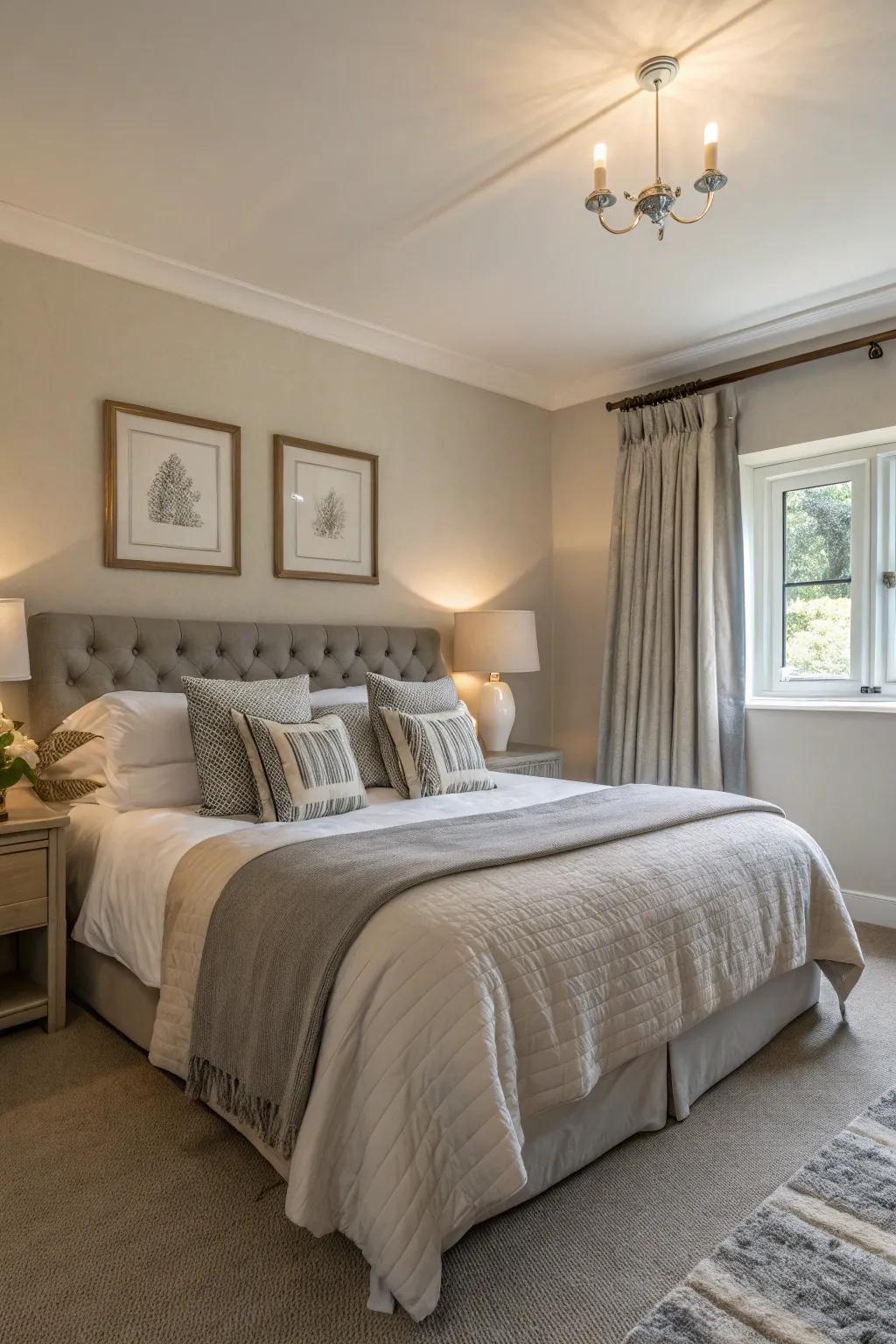 A soothing bedroom displaying a neutral palette.