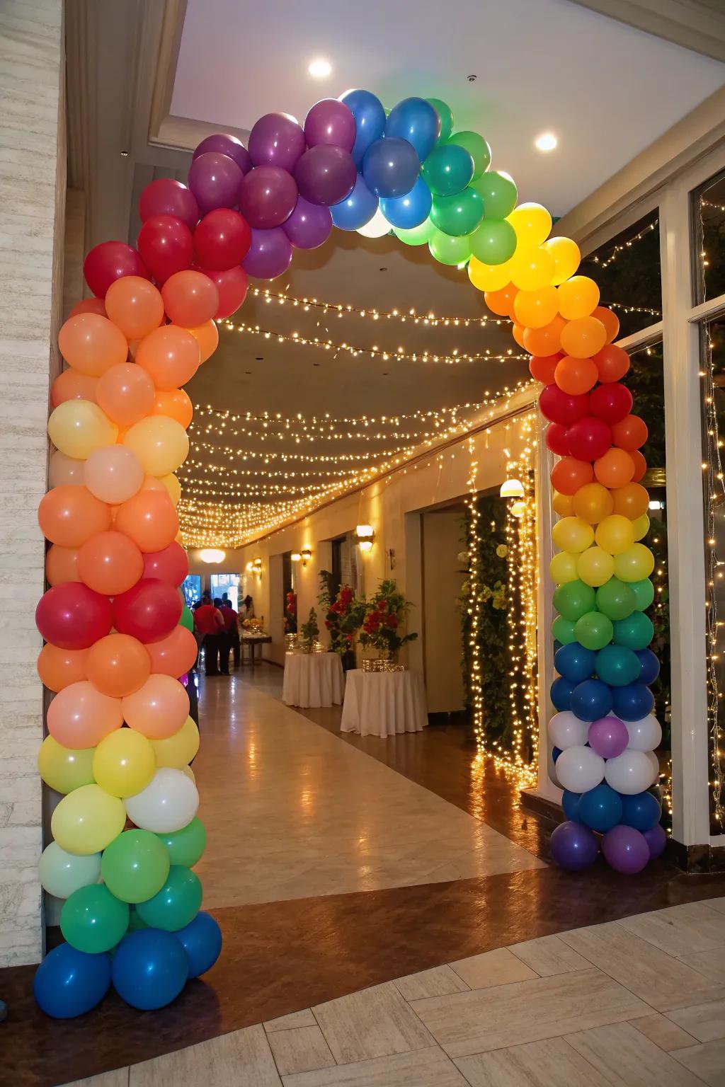 A festive balloon arch adds a splash of color and excitement to any party entryway.