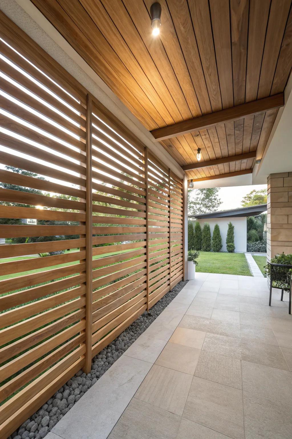 A cozy patio with a rustic wooden accent wall.