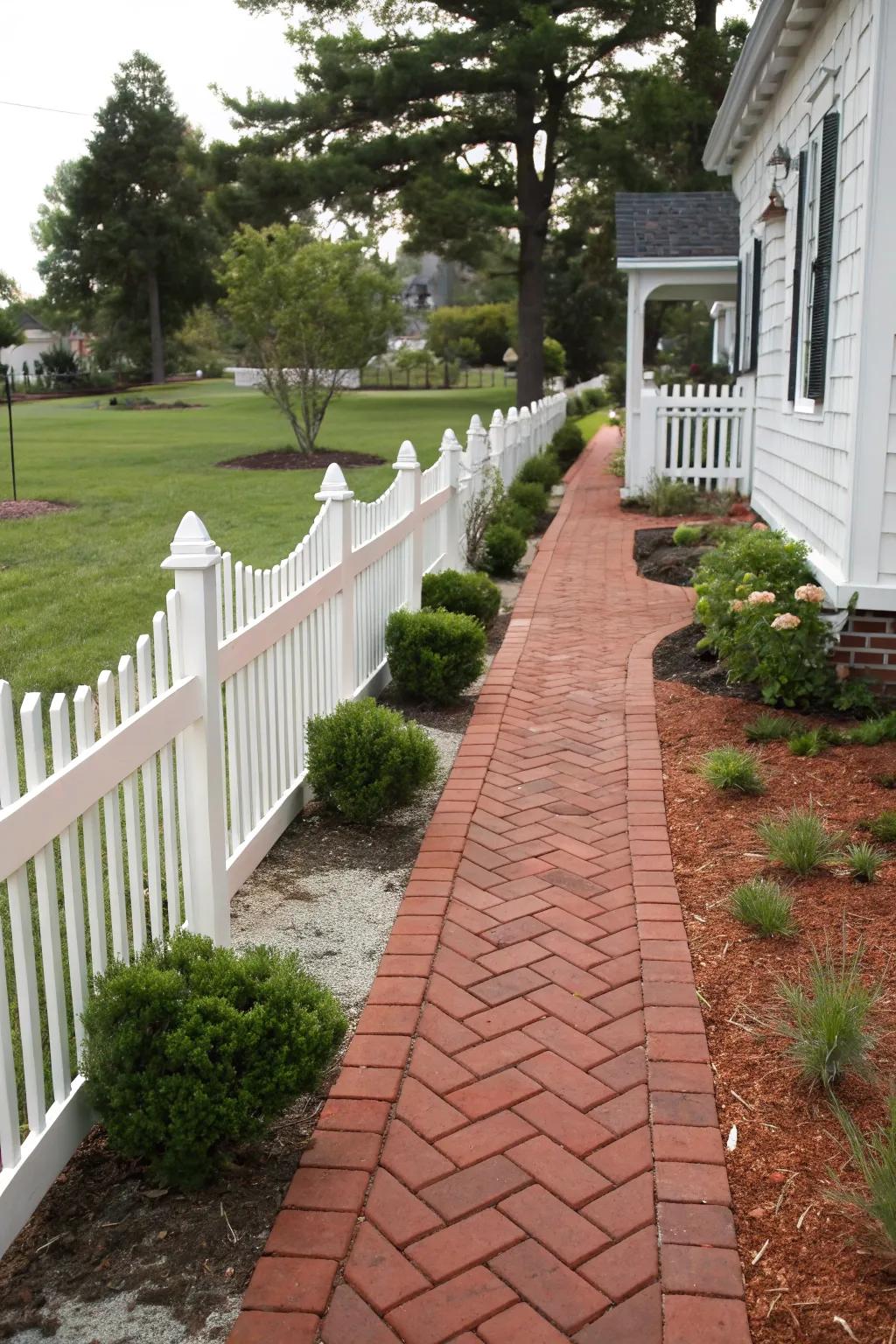 A traditional red brick paver walkway in a cozy suburban setting.