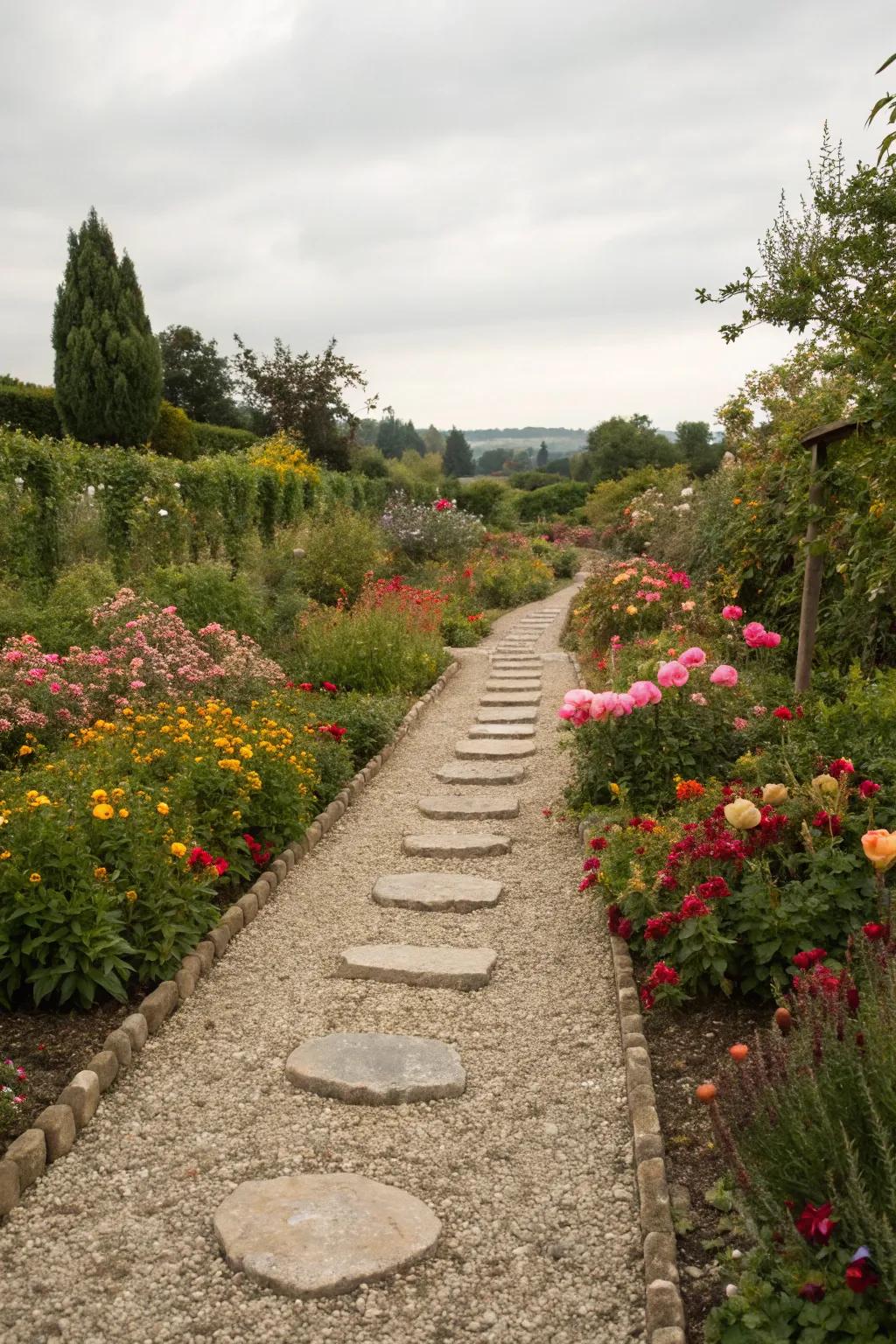 A whimsical garden pathway with pea gravel and lush flowers.