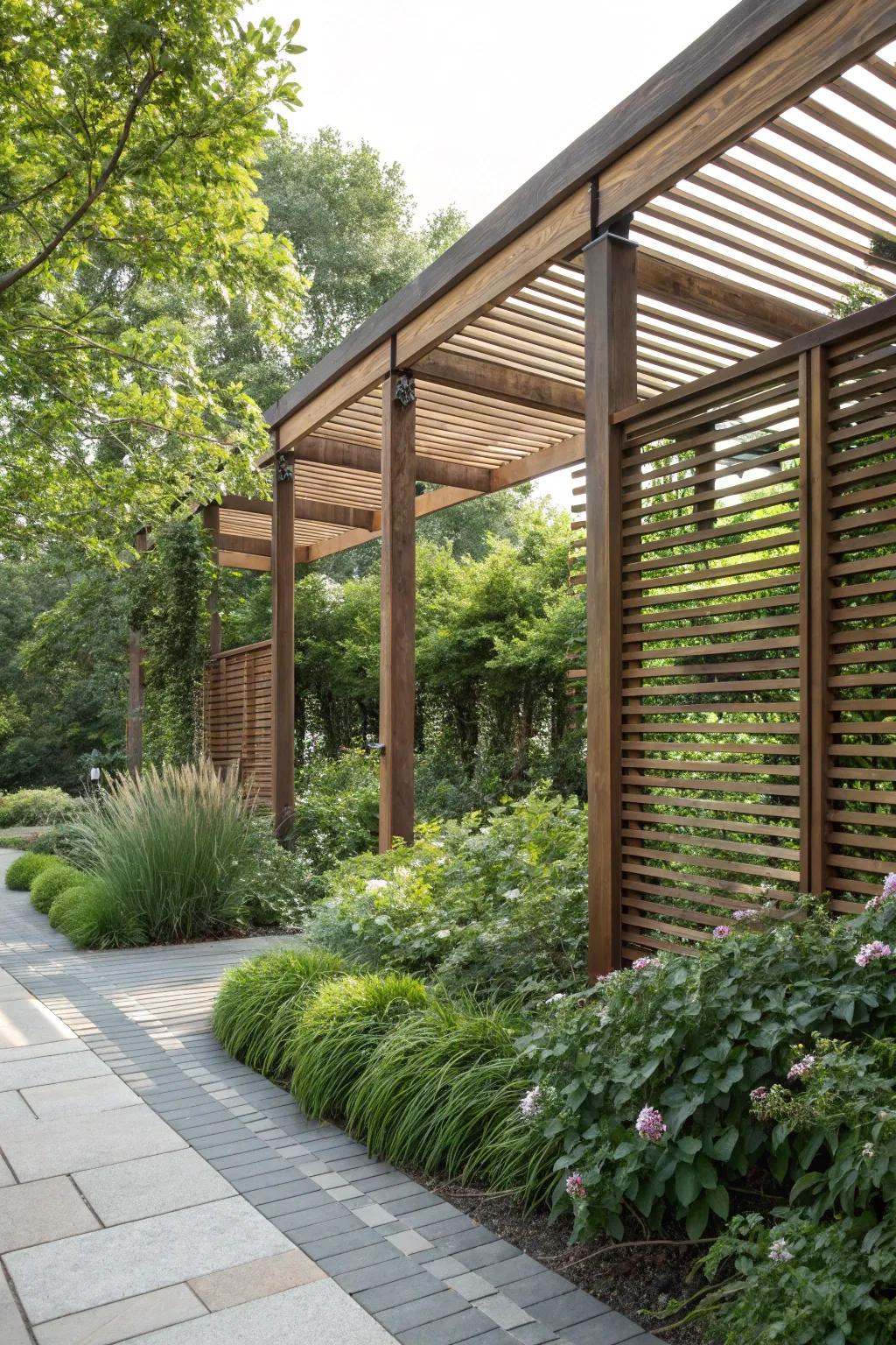 Wooden slat features contribute organic warmth and seclusion to any pergola.