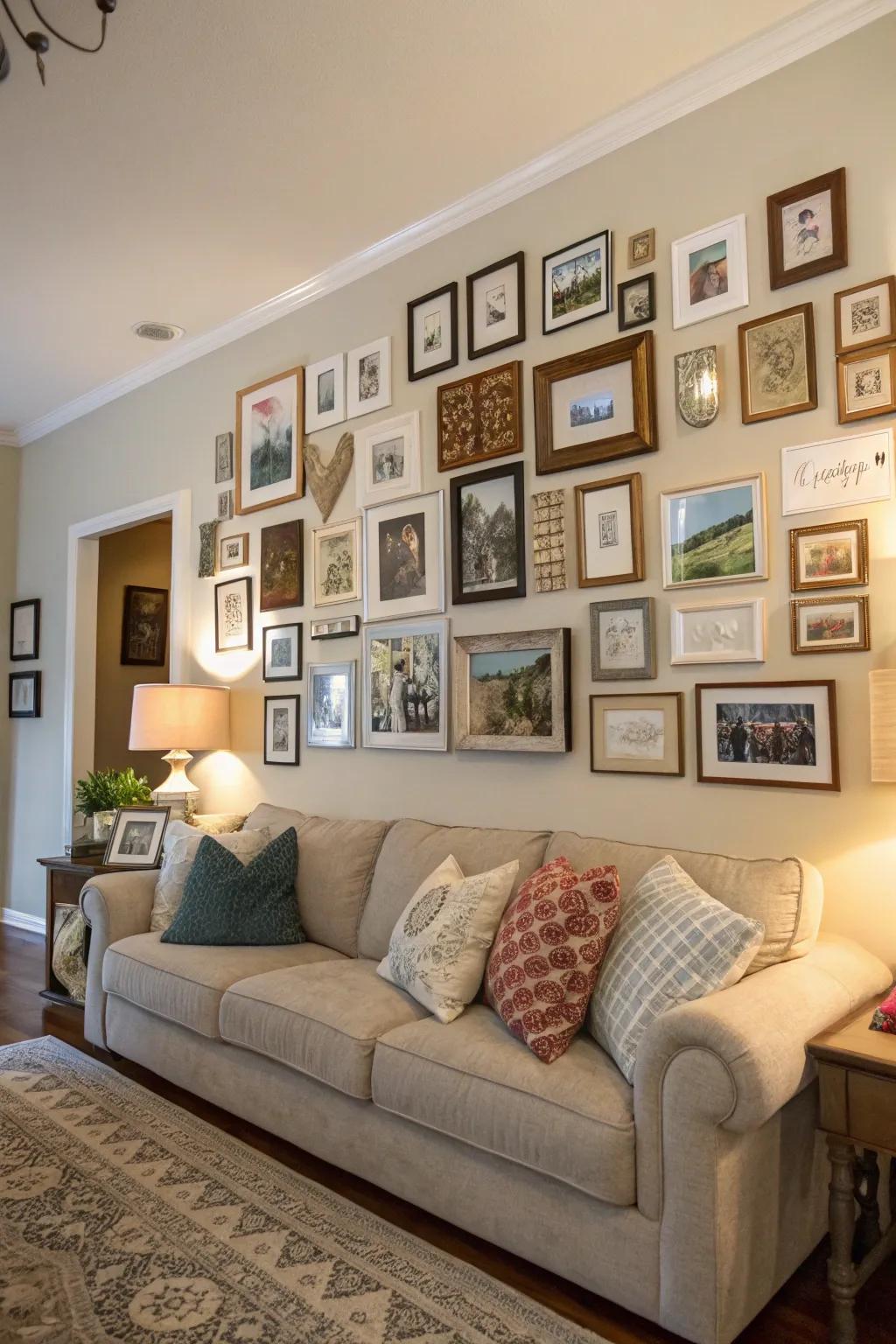 A personalized gallery wall with a mix of art and photographs.