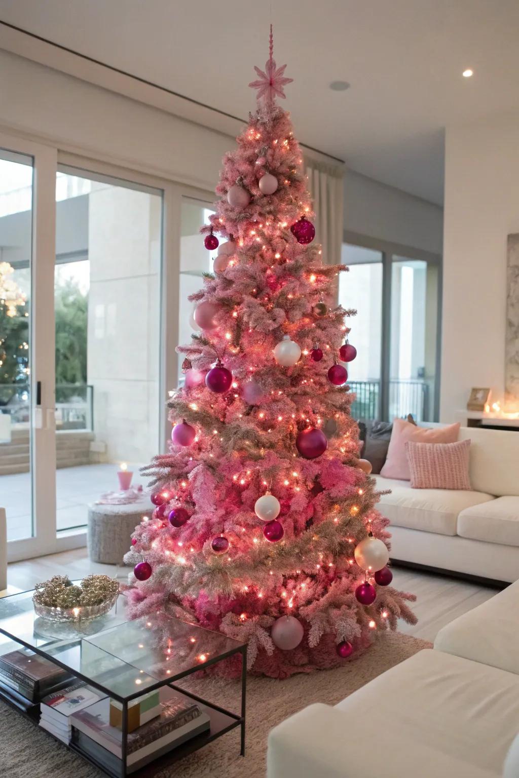 An all-pink Christmas tree steals the show with its vibrant hues.