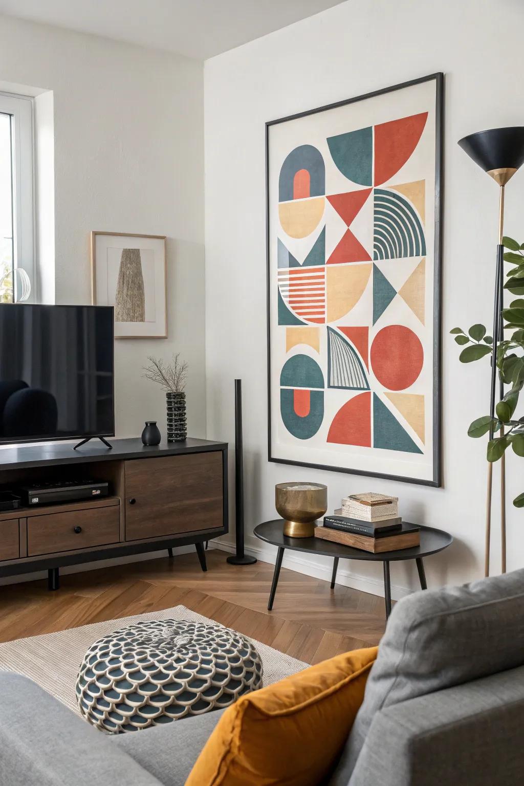 A captivating abstract art print featuring geometric shapes in a modern living area.