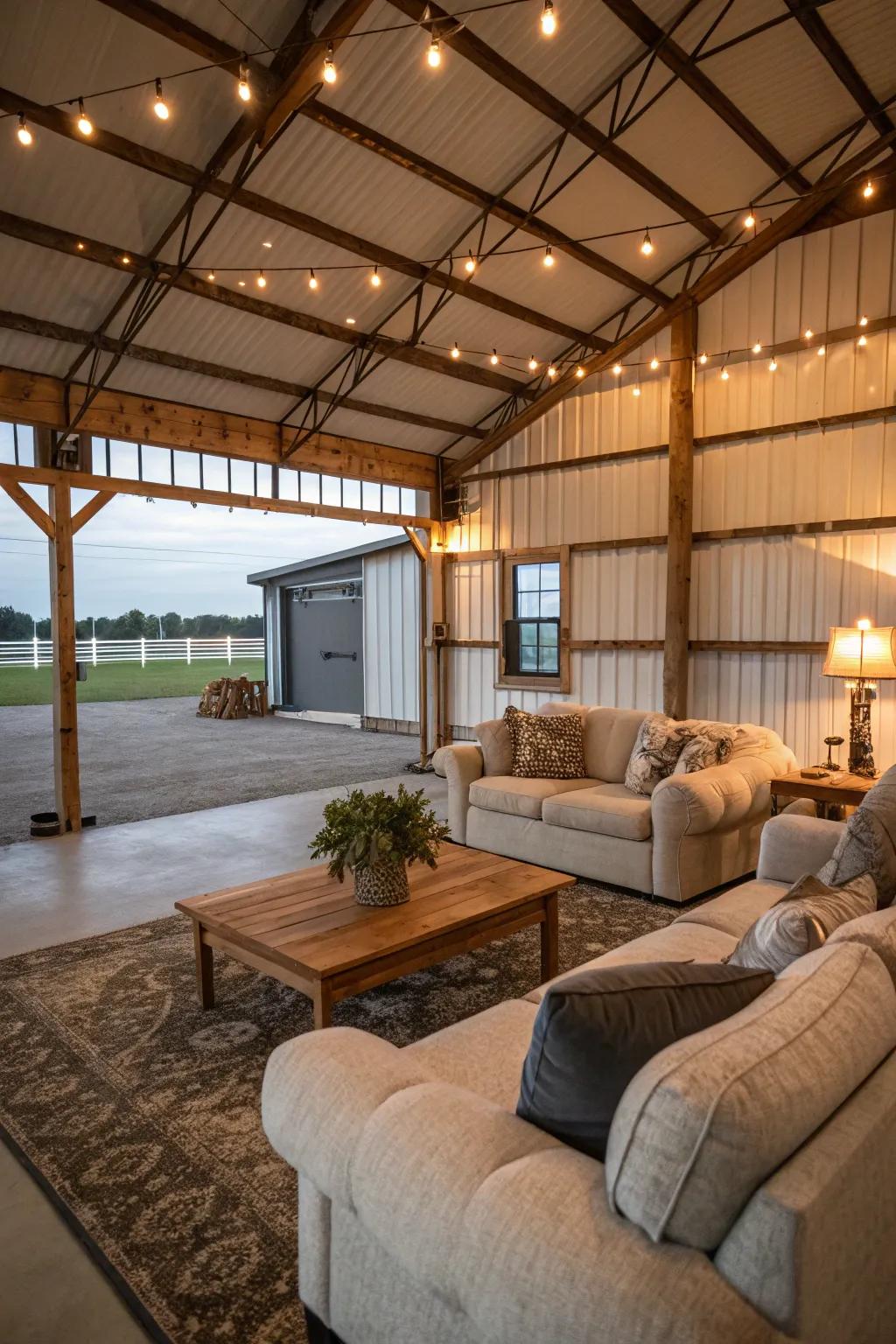 A welcoming living area in a pole barn featuring comfy sofas and soft lighting.
