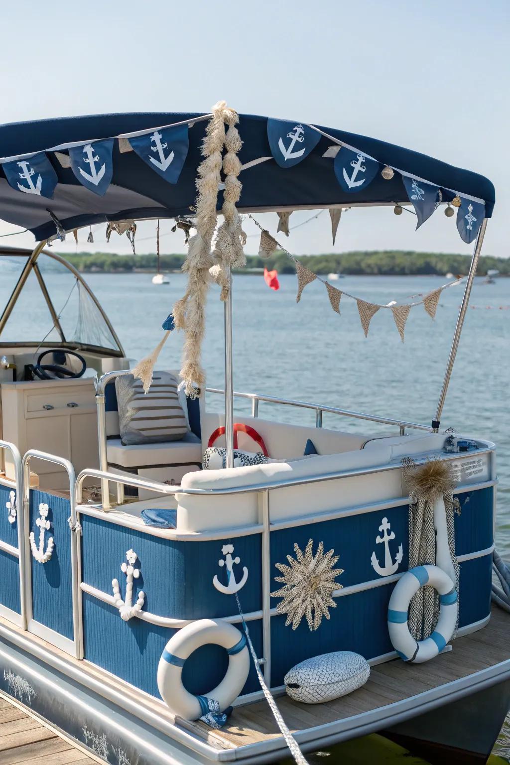 Nautical-themed pontoon boat adorned with anchors and seashells, perfect for a parade.