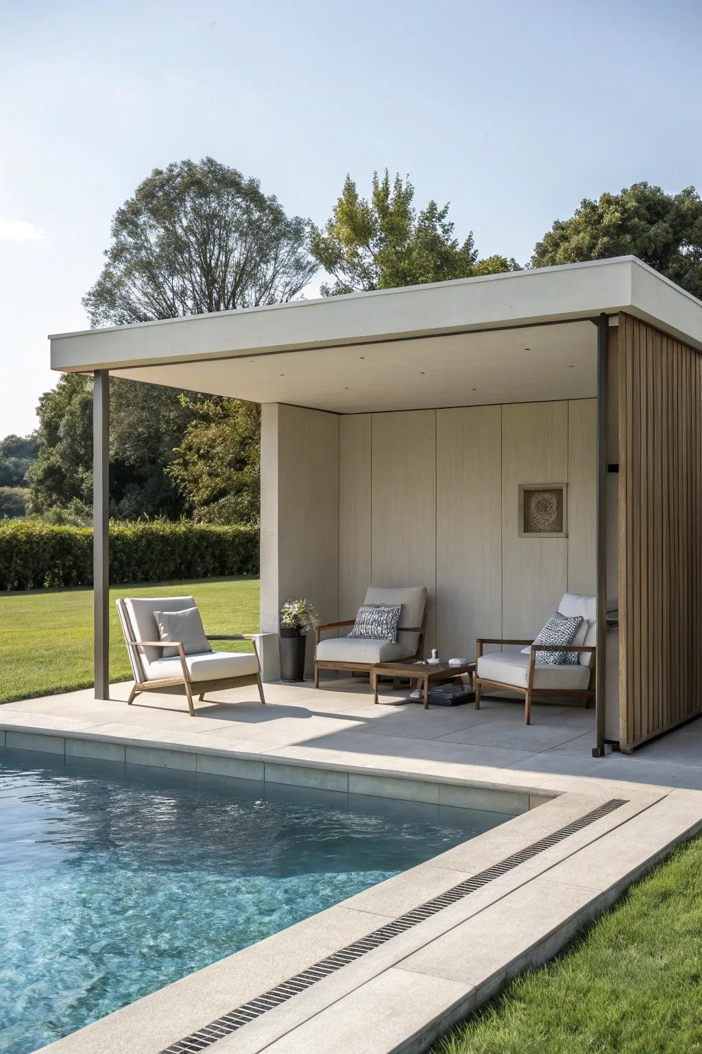 A minimalist cabana characterized by its crisp lines and understated neutral hues.