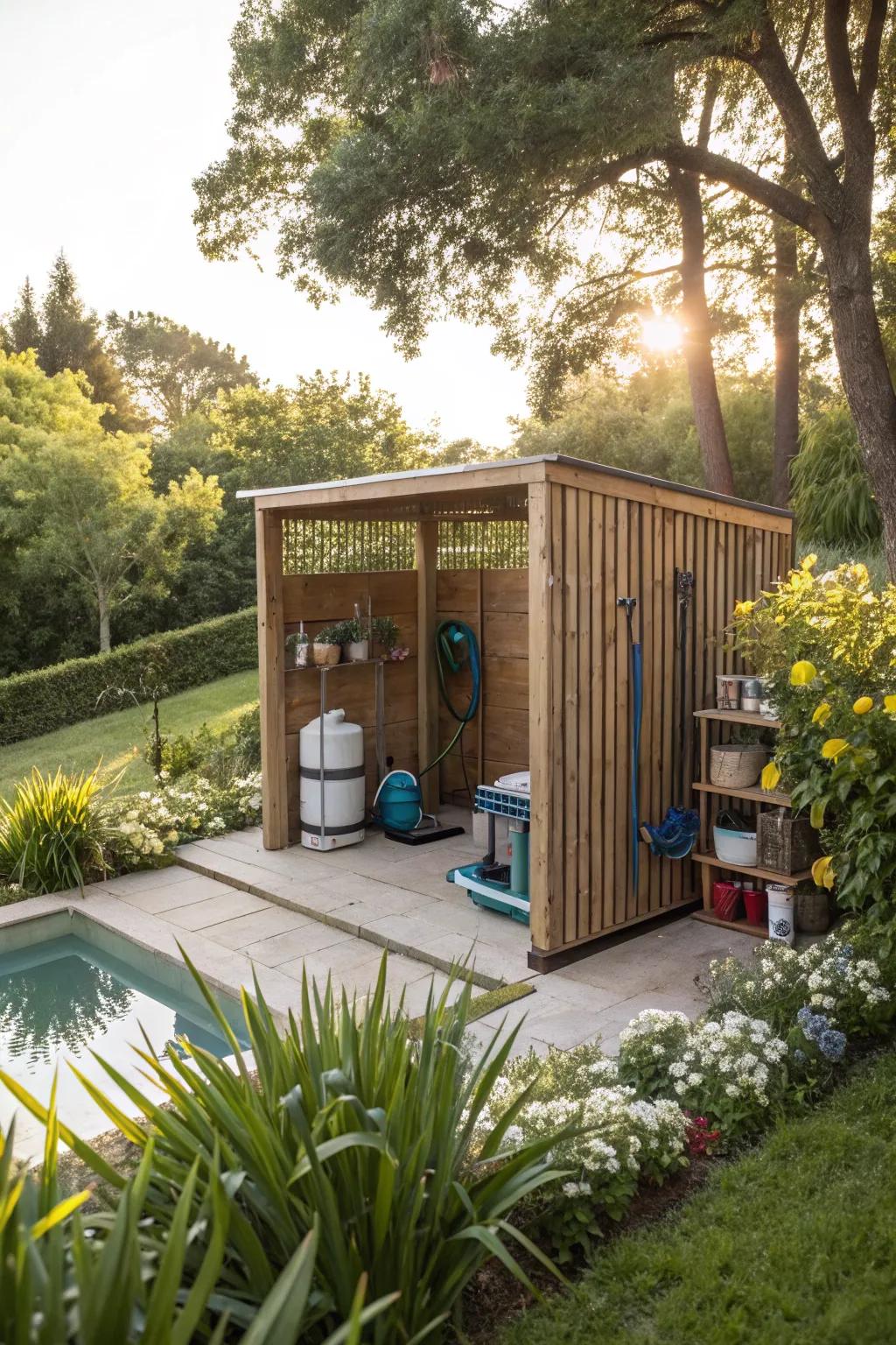 A chic wooden slat enclosure beautifully integrated into a garden setting.