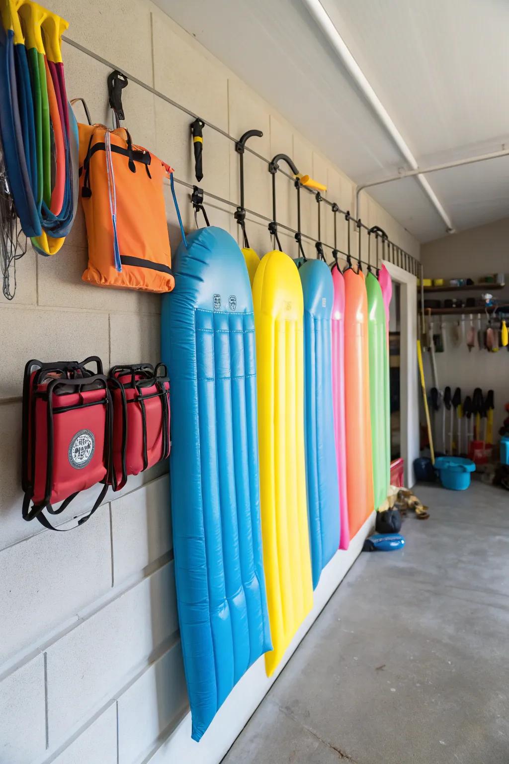 Pool floats stored on wall racks for a clutter-free garage.