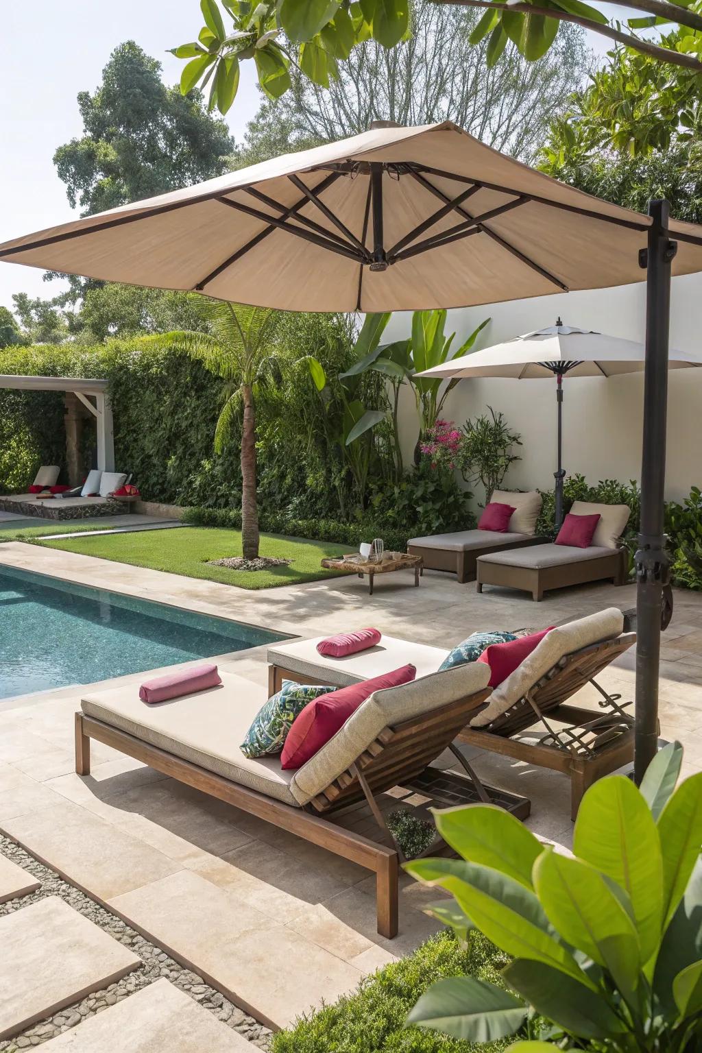 Create a comfortable lounge area by the pool with plush seating.