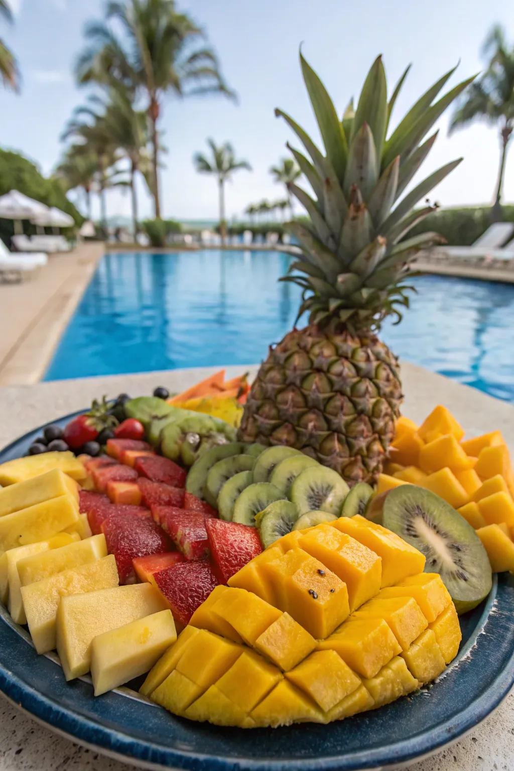 A vibrant tropical fruit platter to start your poolside dinner.