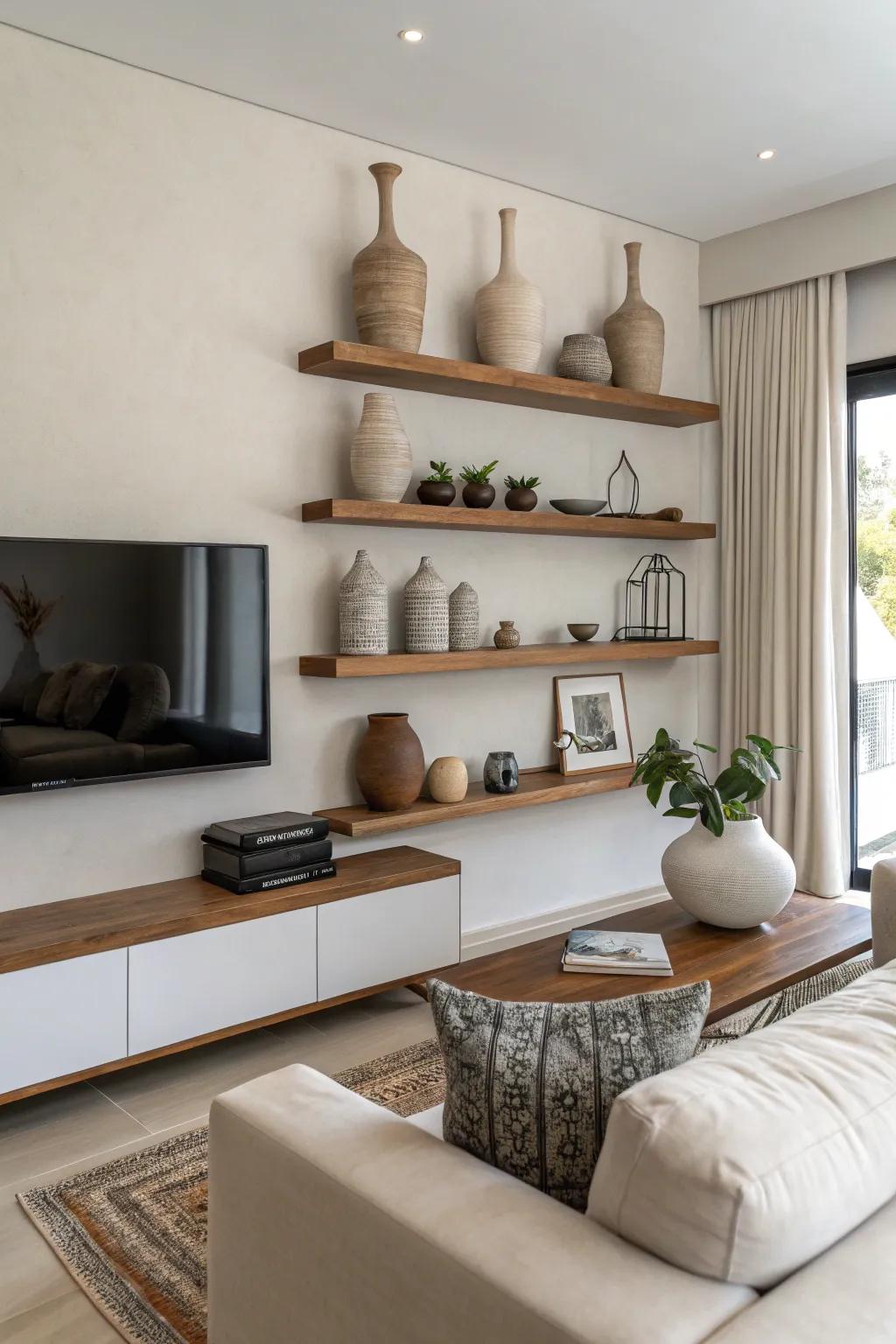Floating shelves adorned with pottery in a minimalist living space.