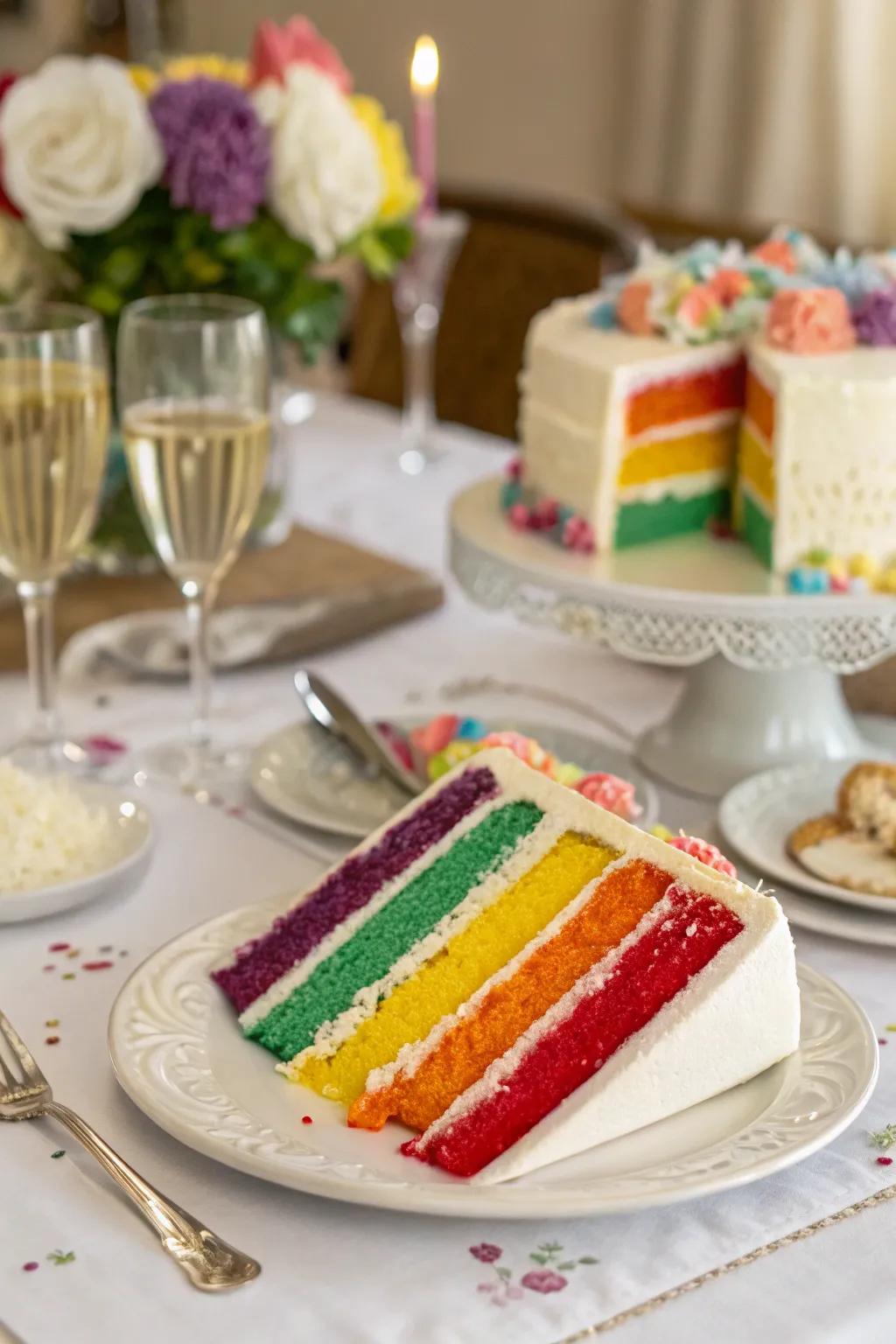 The timeless elegance of a classic layered rainbow cake.