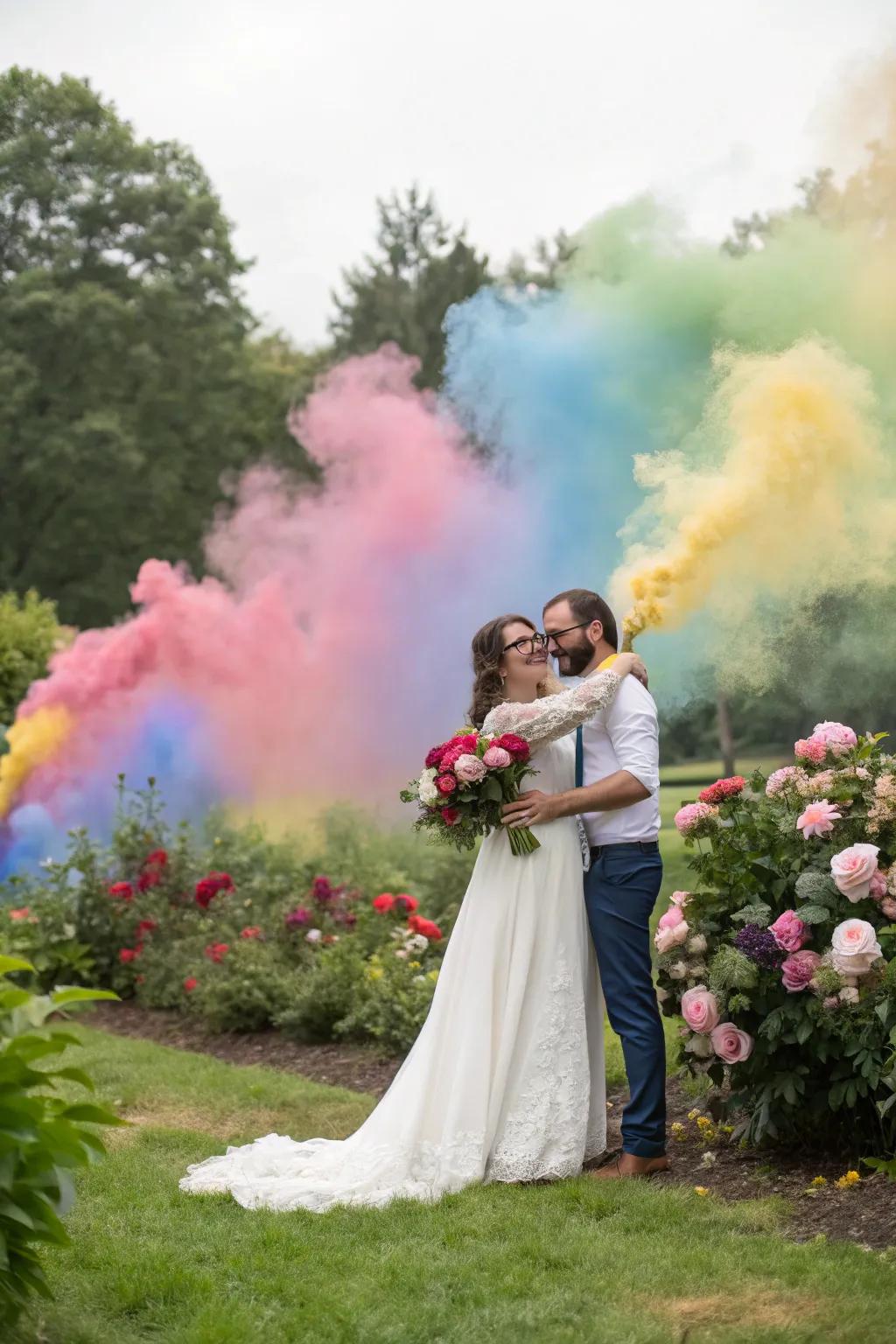 A couple posing with a rainbow smoke bomb backdrop for their wedding photos.