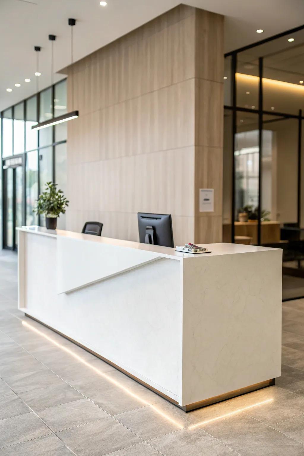 A minimalist reception desk that exudes calm and clarity.