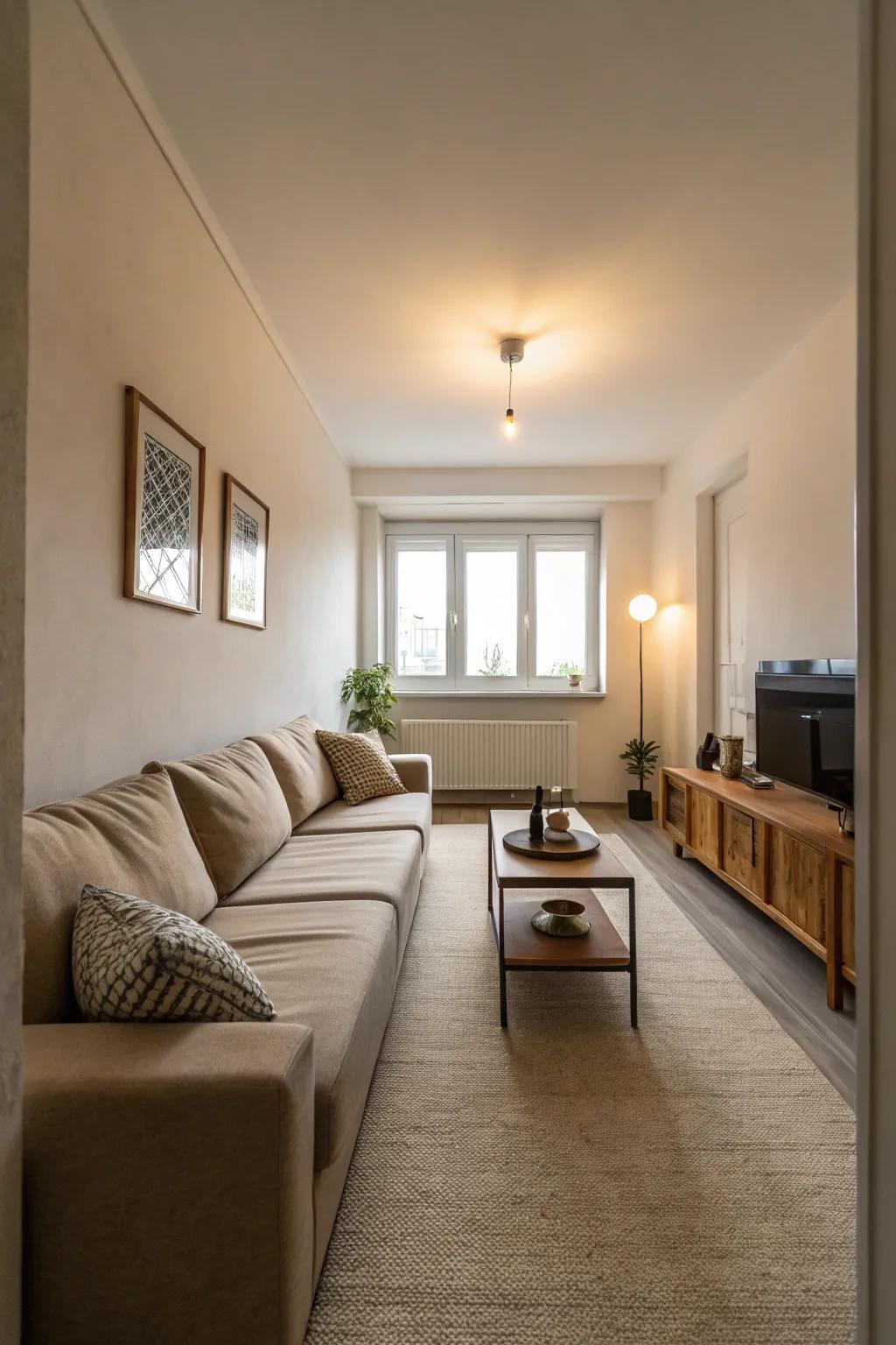 An L-shaped couch making a comfy space in a long living room.