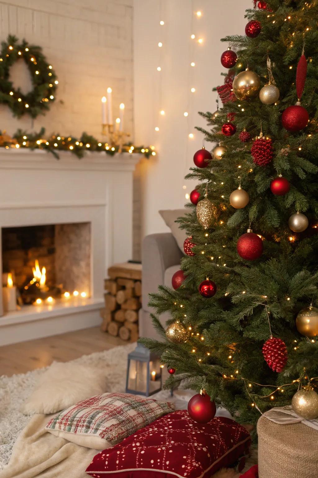 A traditional Christmas tree adorned with crimson and gilded orbs for a classic aesthetic.
