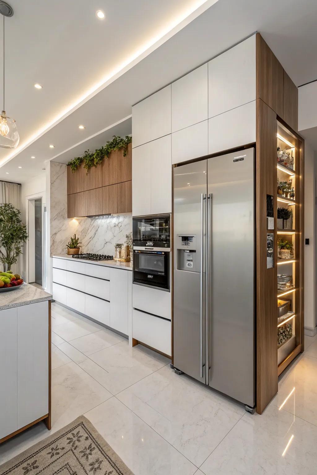 A seamless built-in refrigerator creates a harmonious flow in a modern kitchen.