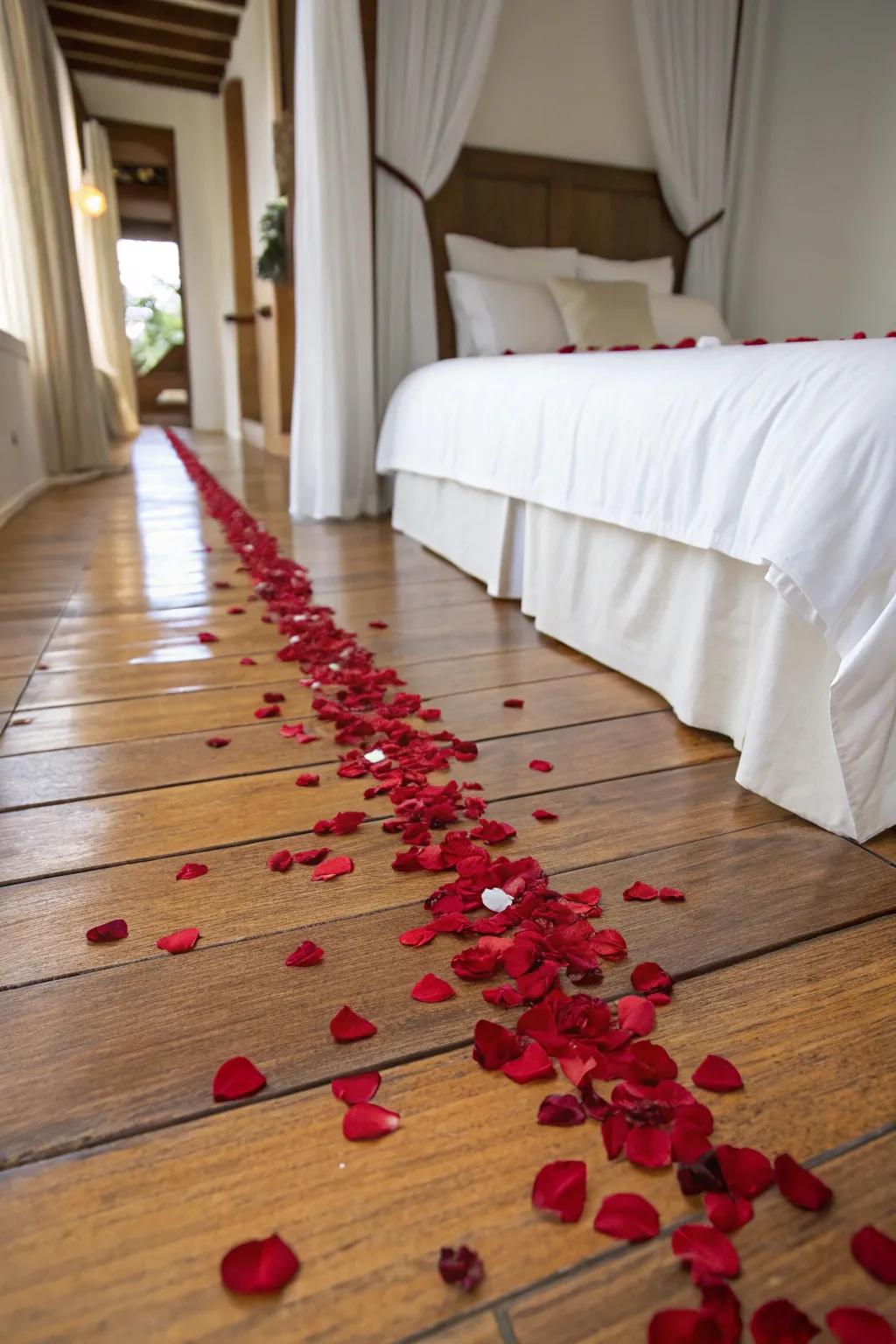 A classic path of rose petals leading to the bed.