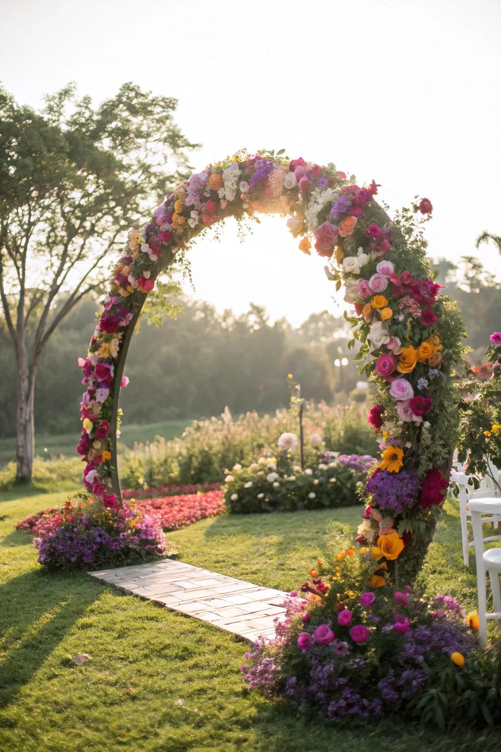 A round wedding arch bursting with colorful flowers.