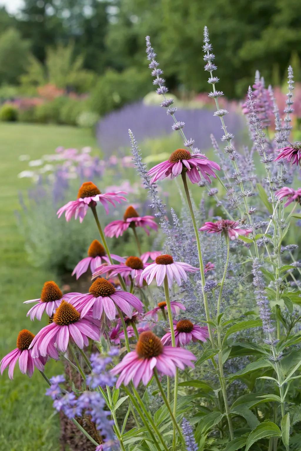 A vibrant garden scene featuring Silver Queen harmonizing with striking purple sunhat flowers.