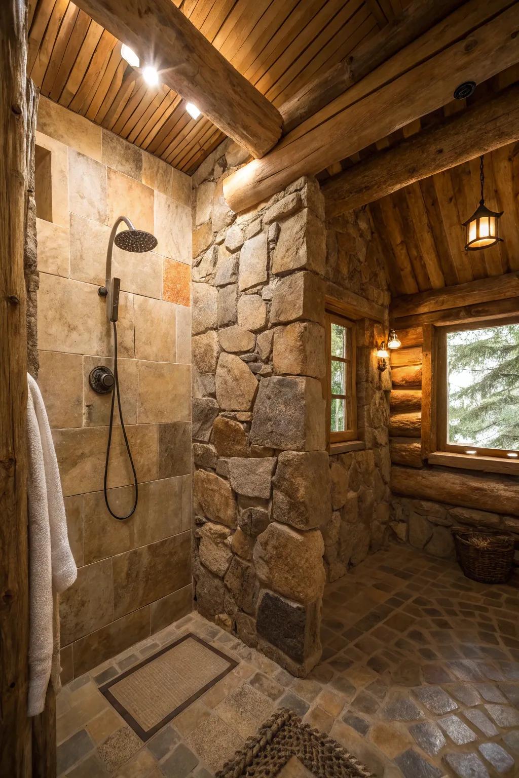 A shower showcases walls of natural stone, cultivating an atmosphere of serene rusticity.