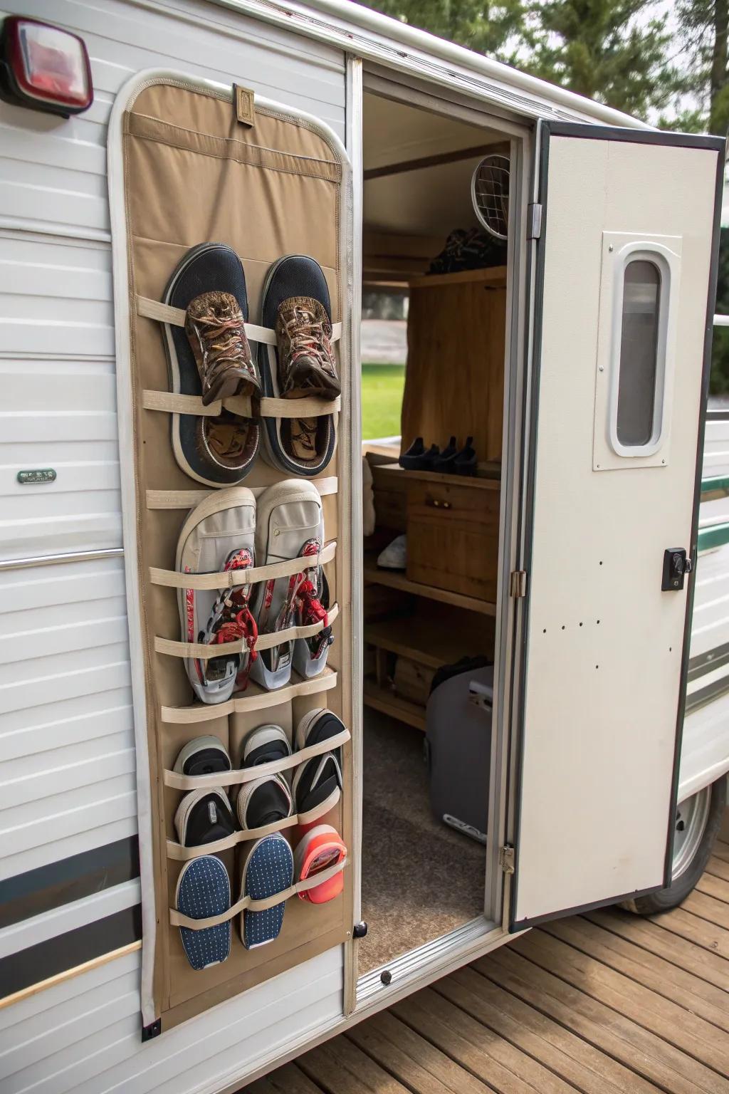 Transform your RV door into a shoe haven with a hanging organizer.